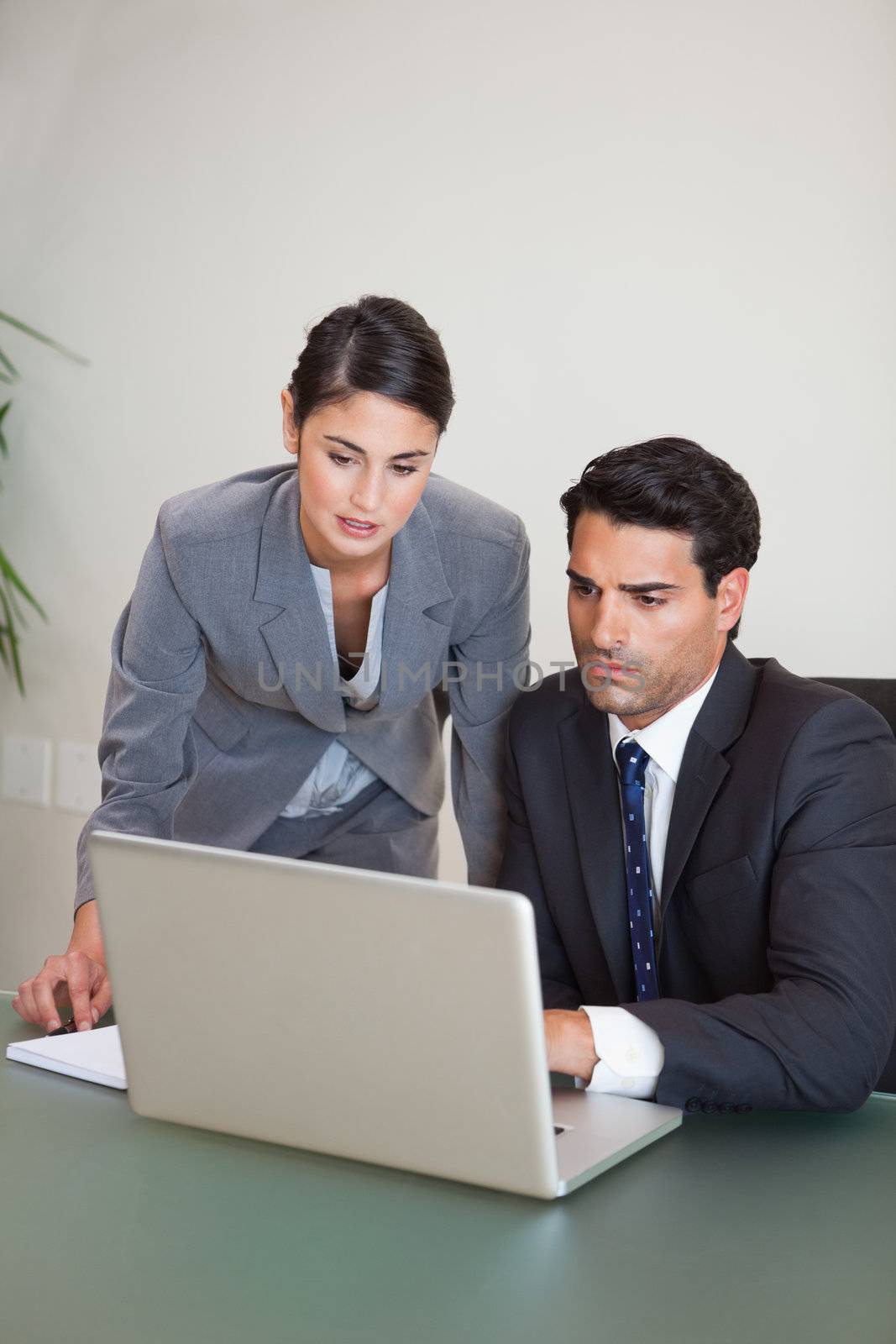 Portrait of sales persons working with a notebook in an office