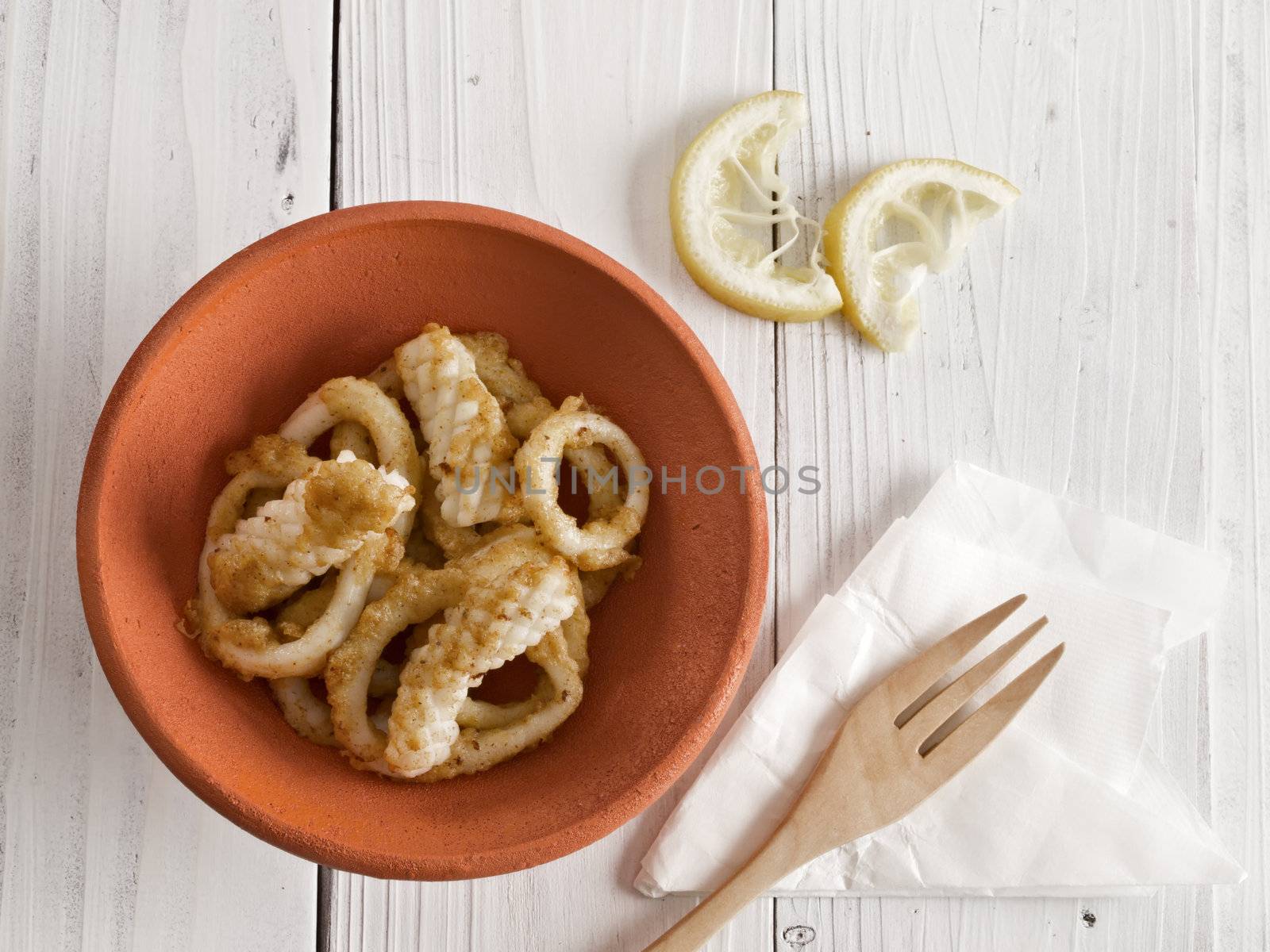 close up of a bowl of calamari fritti
