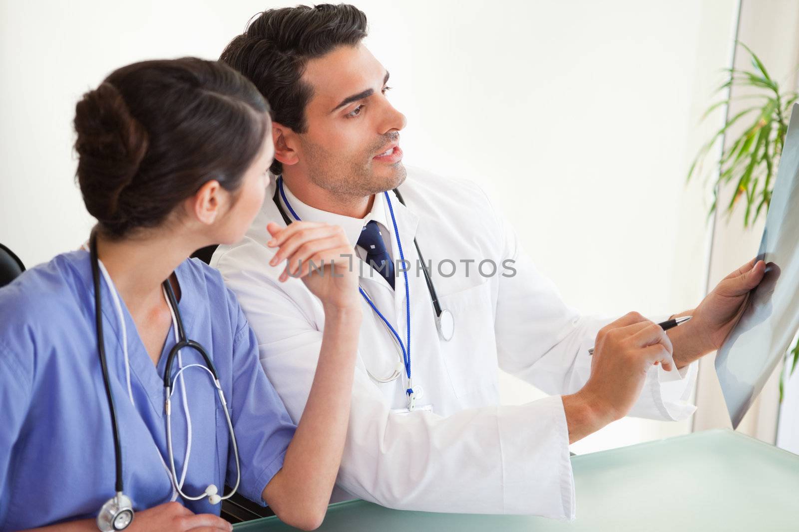 Professional doctors looking at a set of X-ray in an office