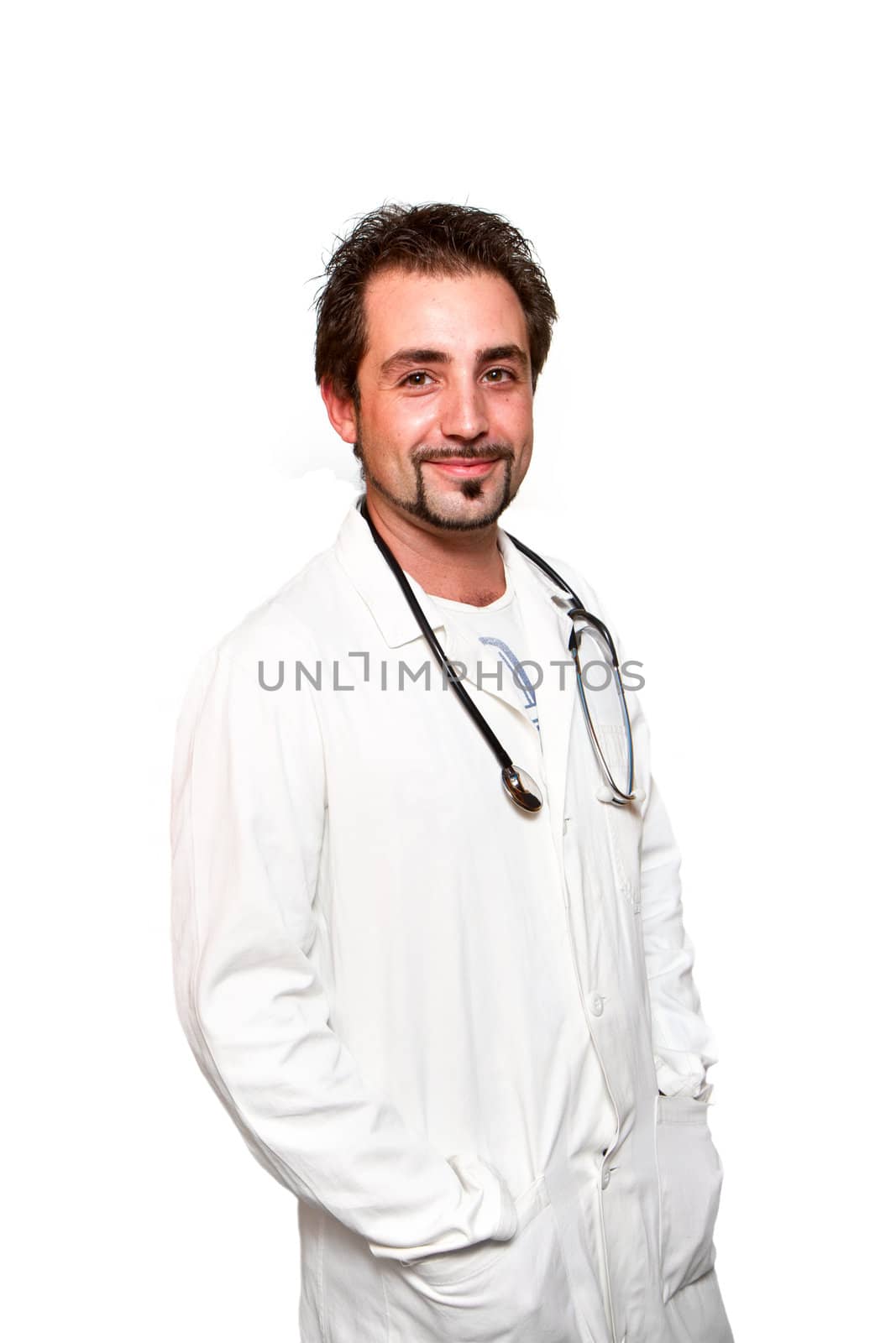 Portrait of happy doctor isolated on white background