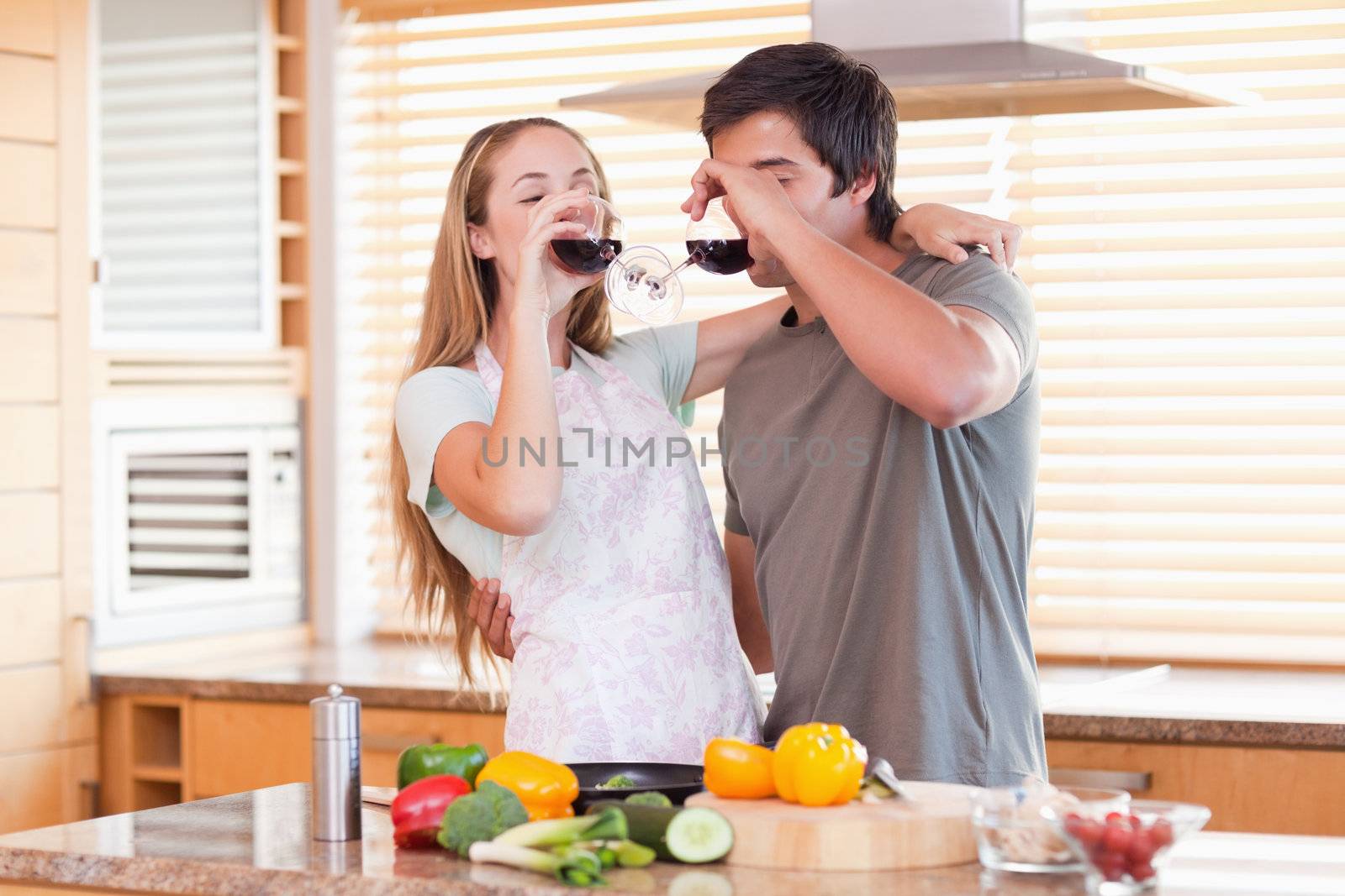 Lovely couple drinking red wine in their kitchen