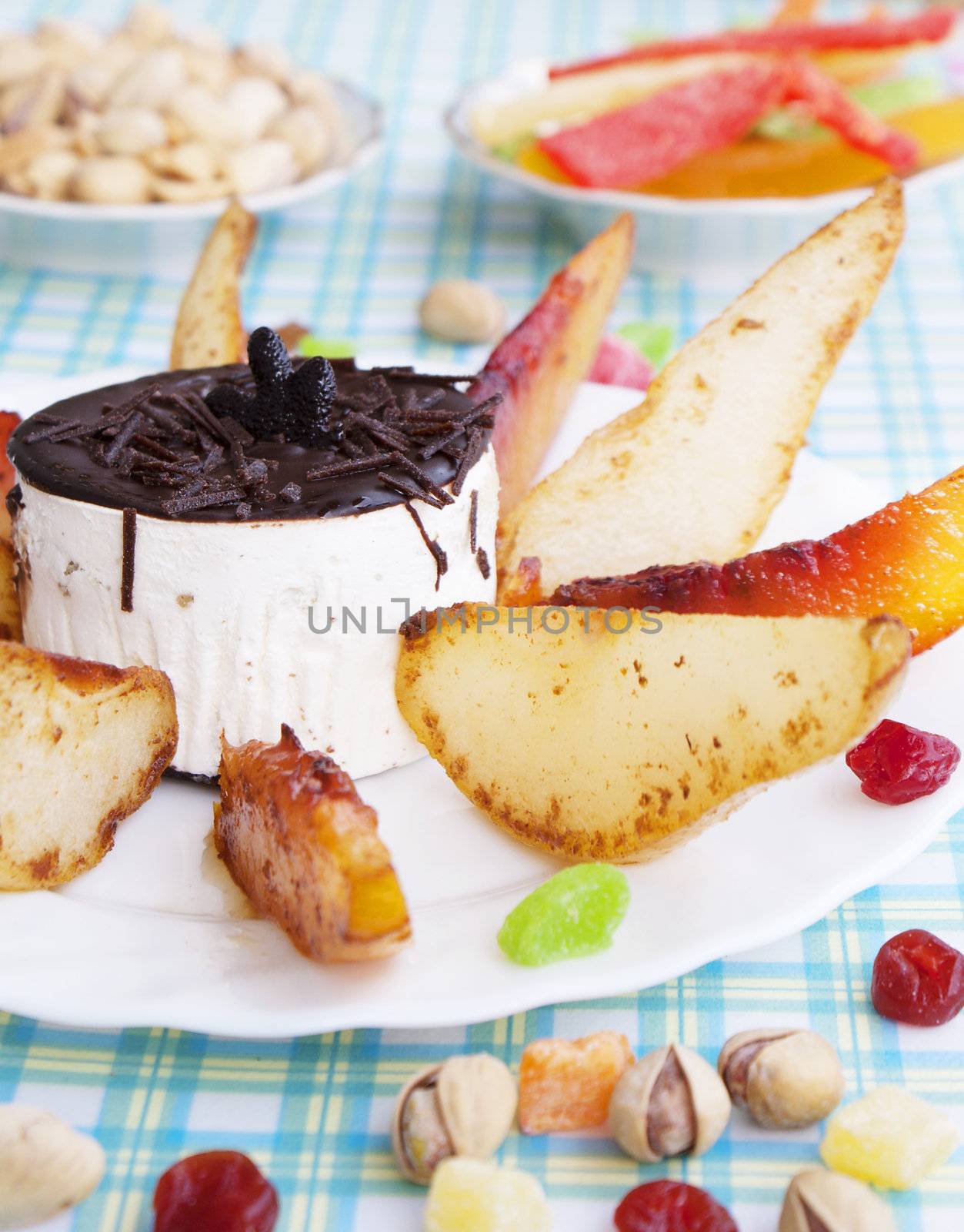 Creative sweet dessert from friut pastry biscuit and baked peach by sergey150770SV