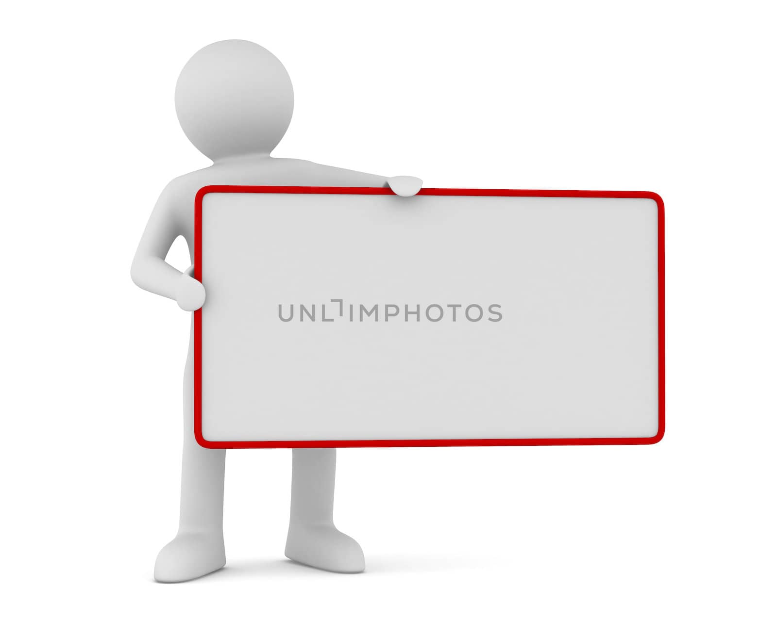 man holds the poster in a hand. 3D image