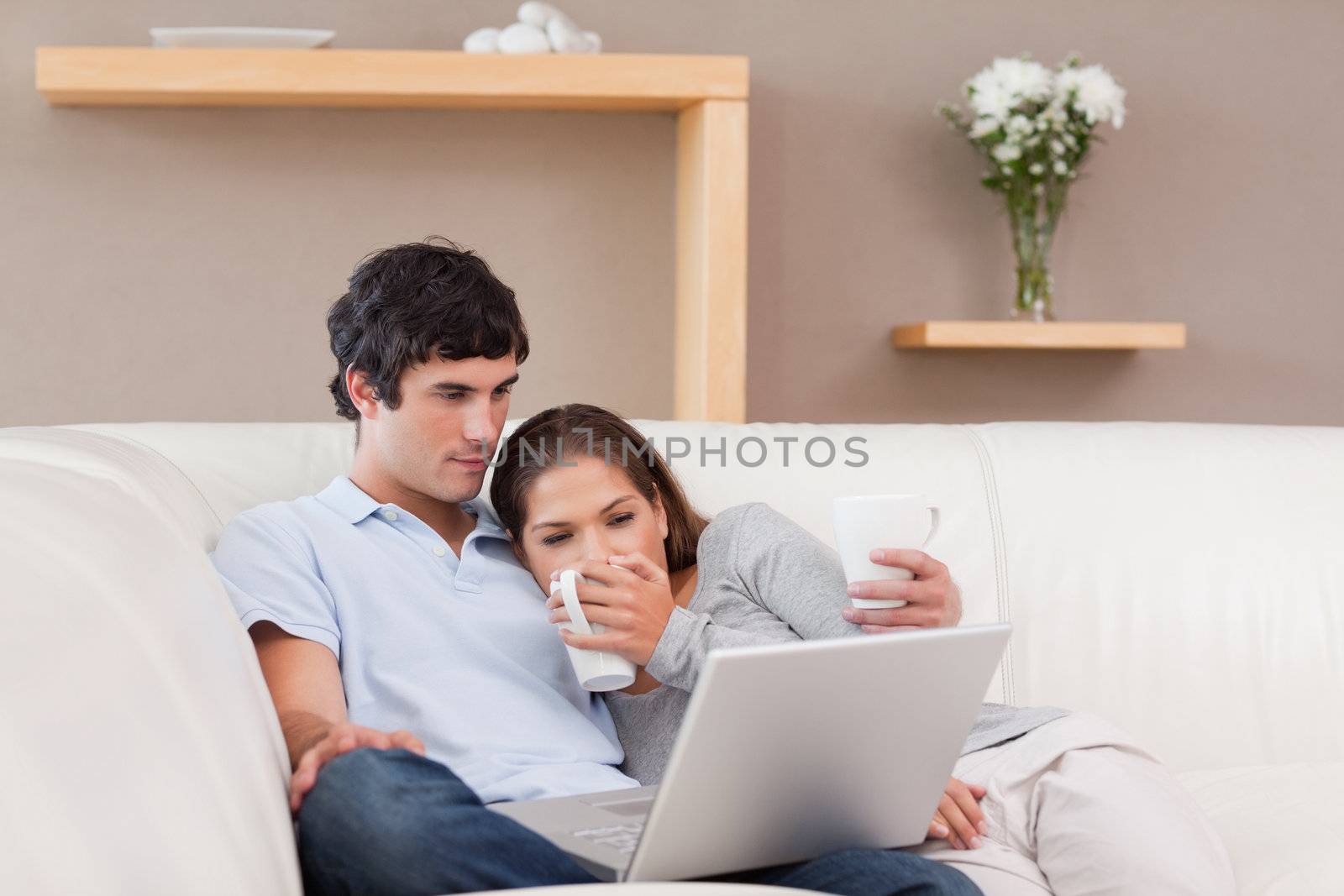 Happy young couple with their laptop on the sofa