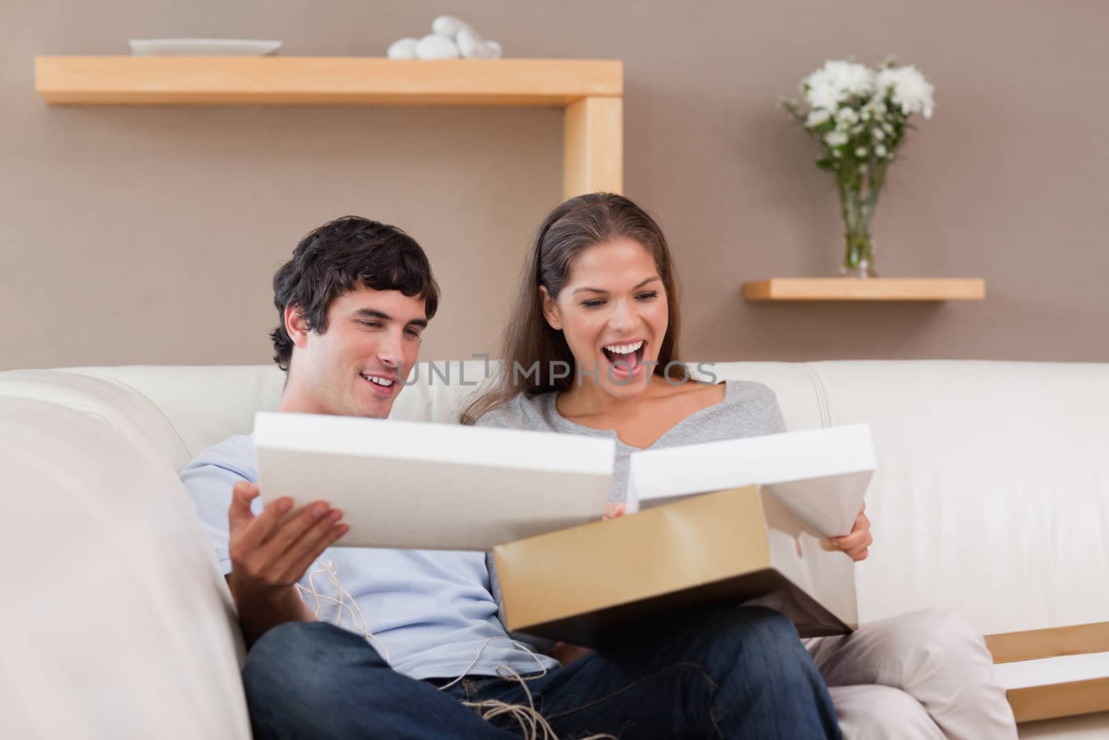 Young couple on the couch opening parcel
