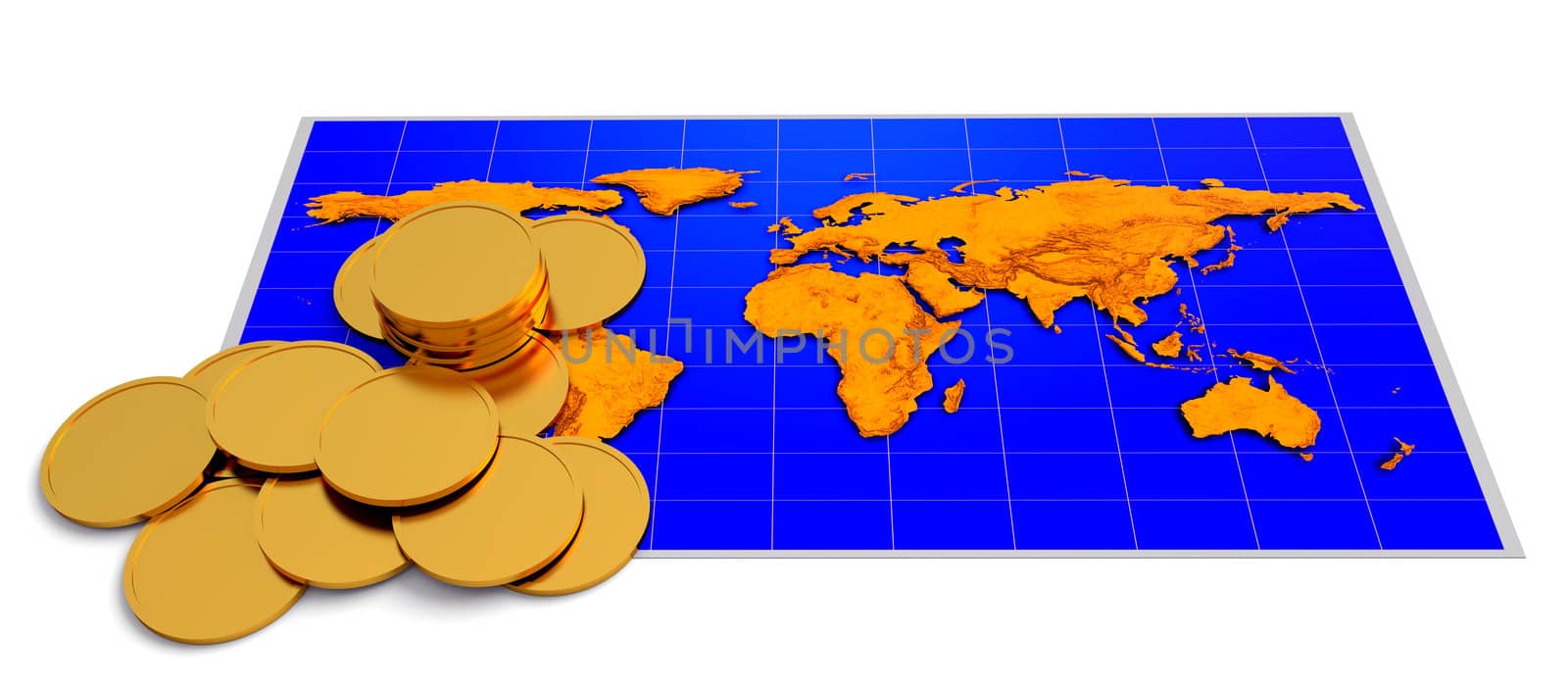 Coins over world map on the white background