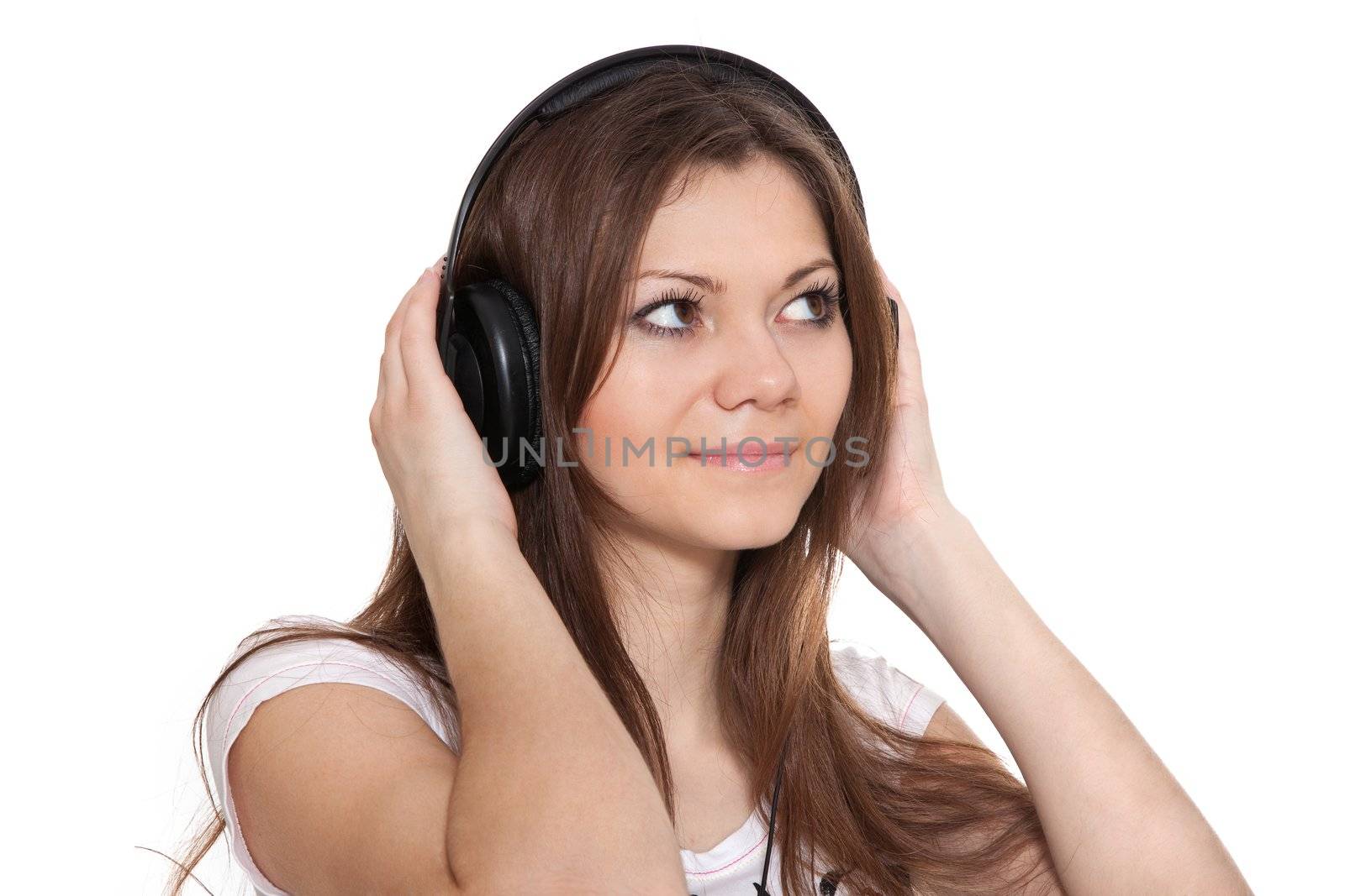 Beautiful woman with headphones, she is listen to the music
