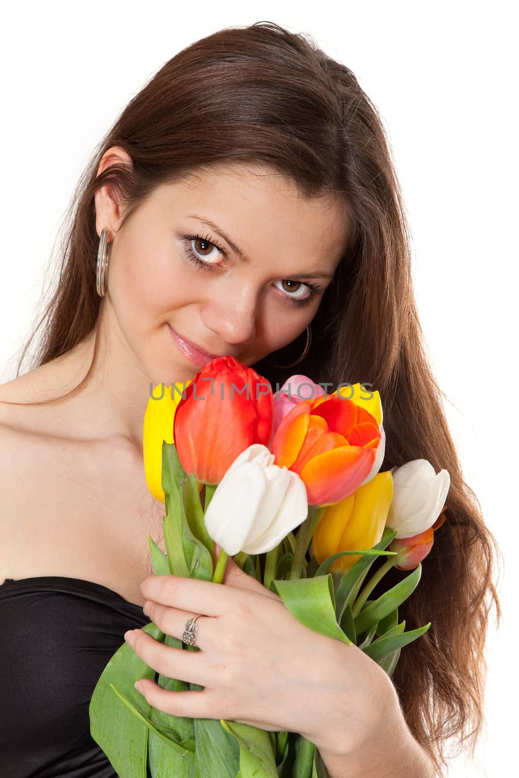 Beauty girl holding bouquet of tulips isolated on a white background