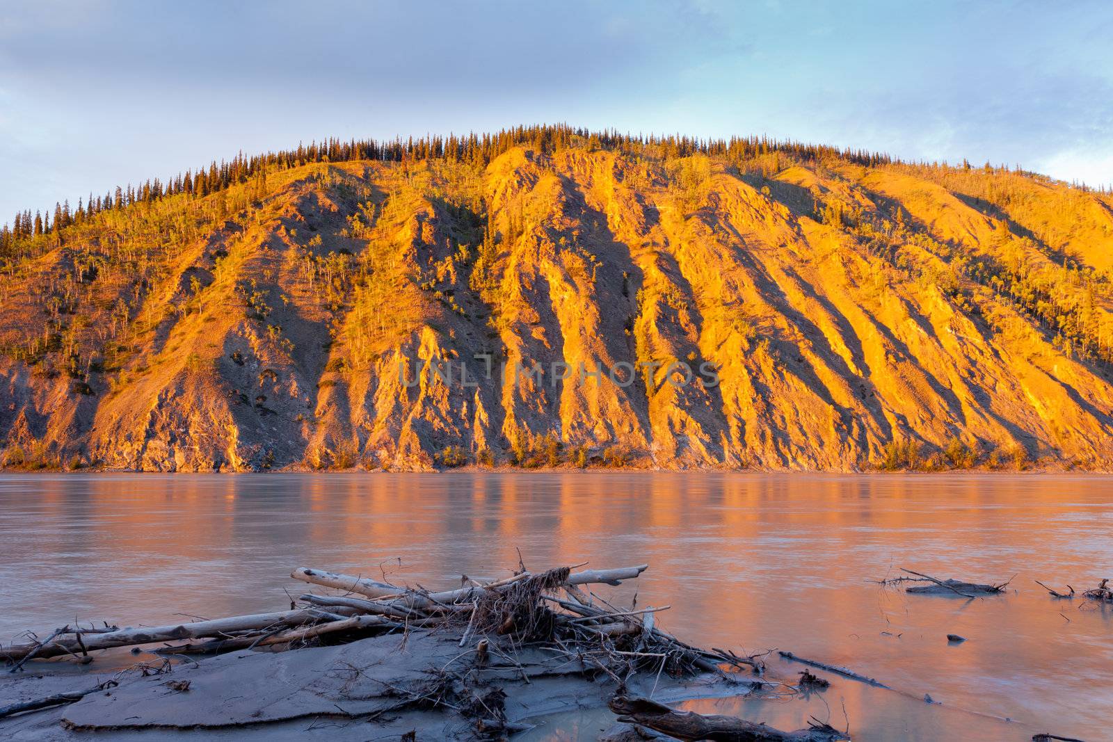 Eroded clay cliff river bank at Yukon River, Yukon Territory, Canada, near Dawson City glowing in orange light of summer sunset sun