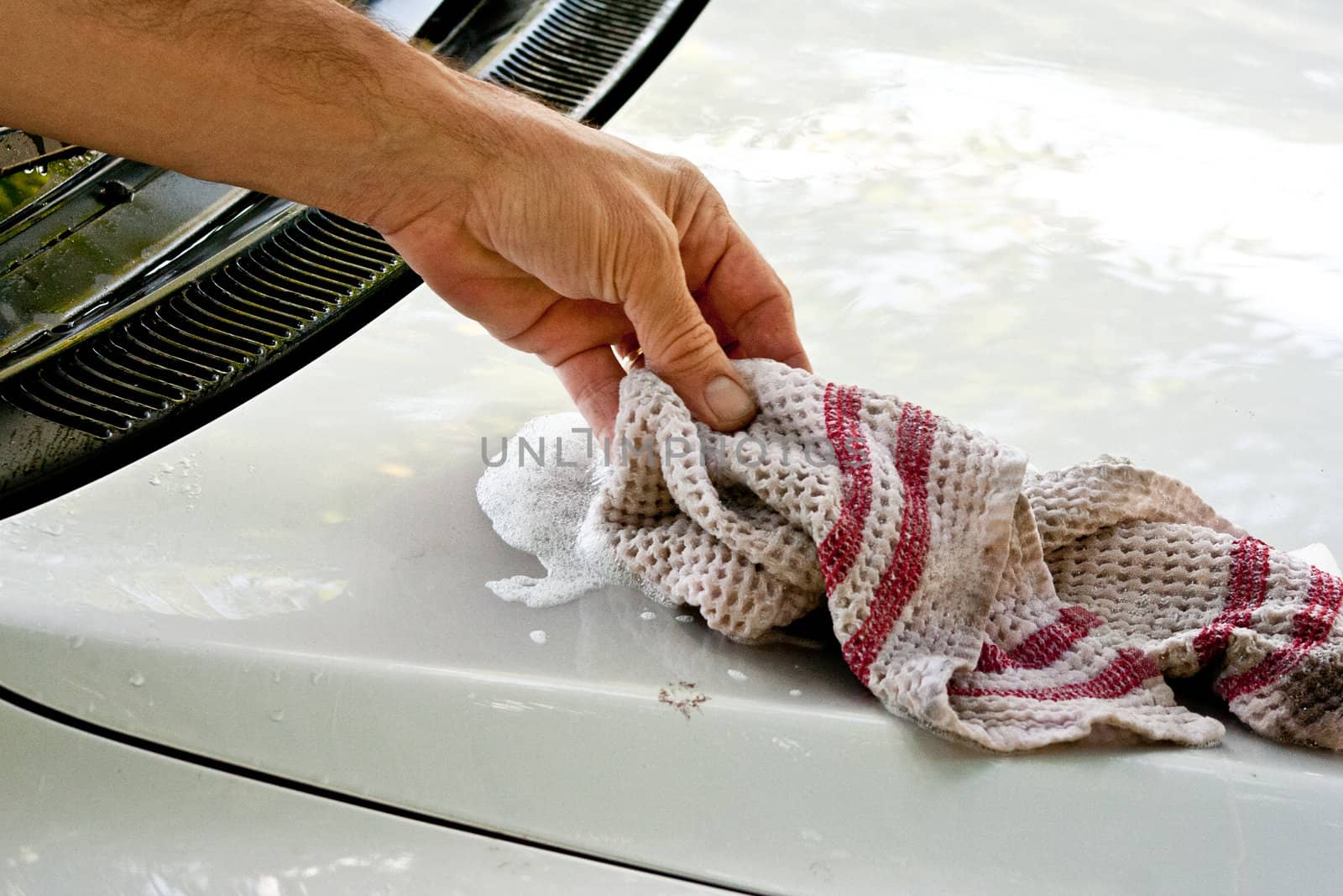 Close up of washing with hand the hood of a car with a cloth and soapy water.