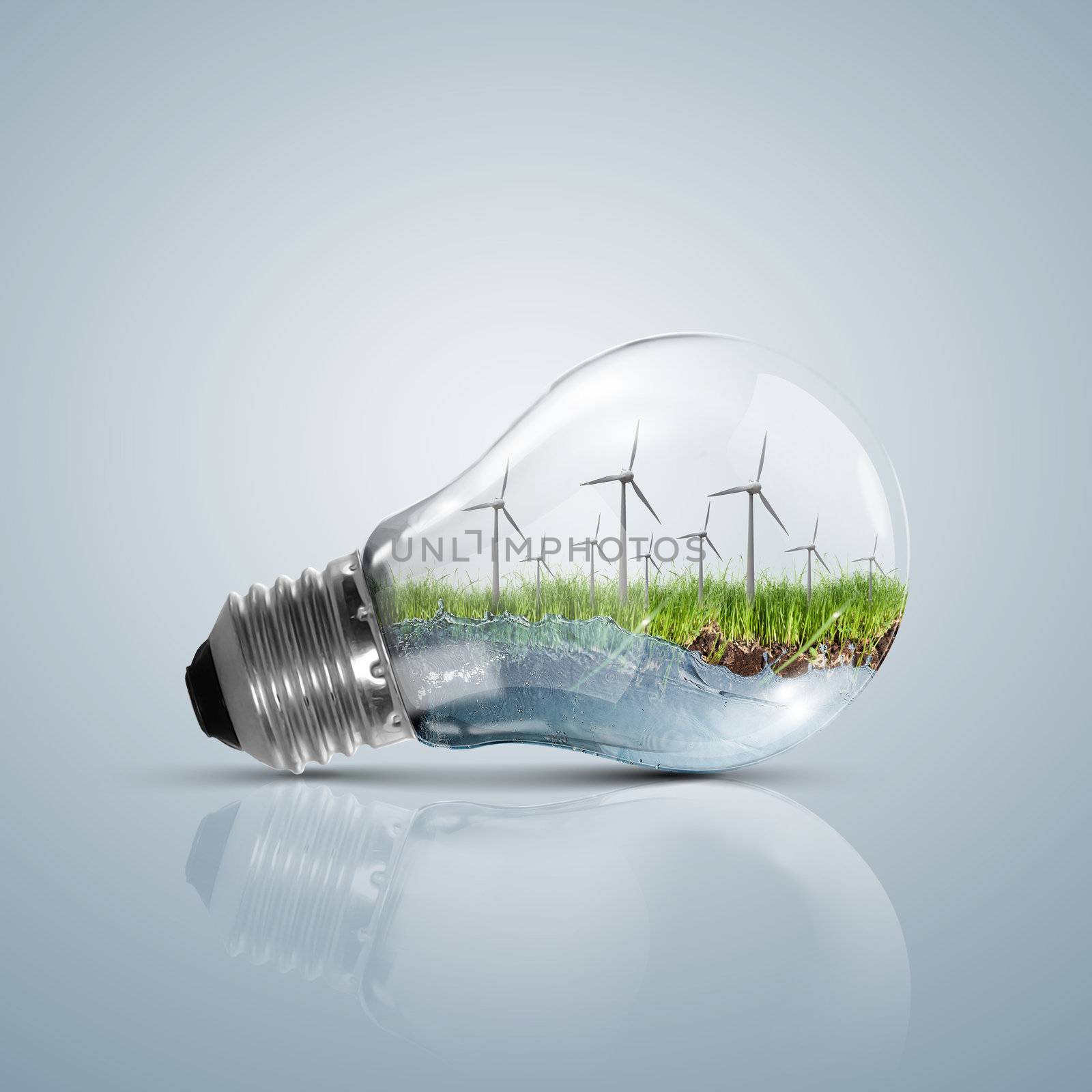 Ecoloy illustration Lamp bulb with clean nature and renewable energy symbol inside