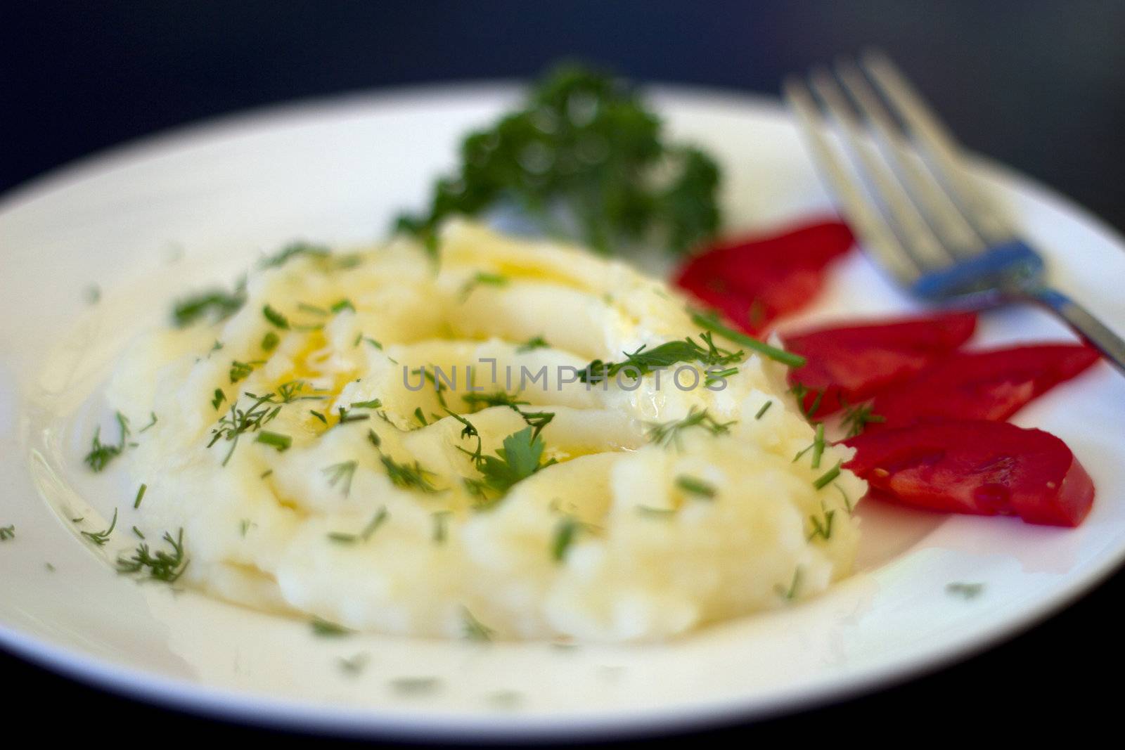 Mashed potatoes with tomatoes on a dark background