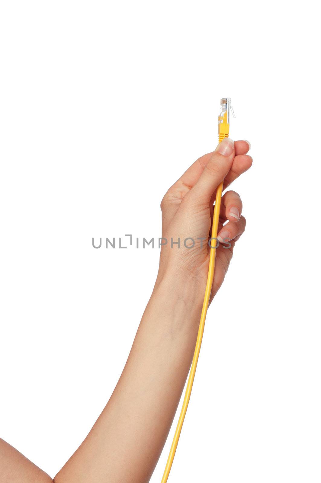 woman holding yellow LAN cord in the hand