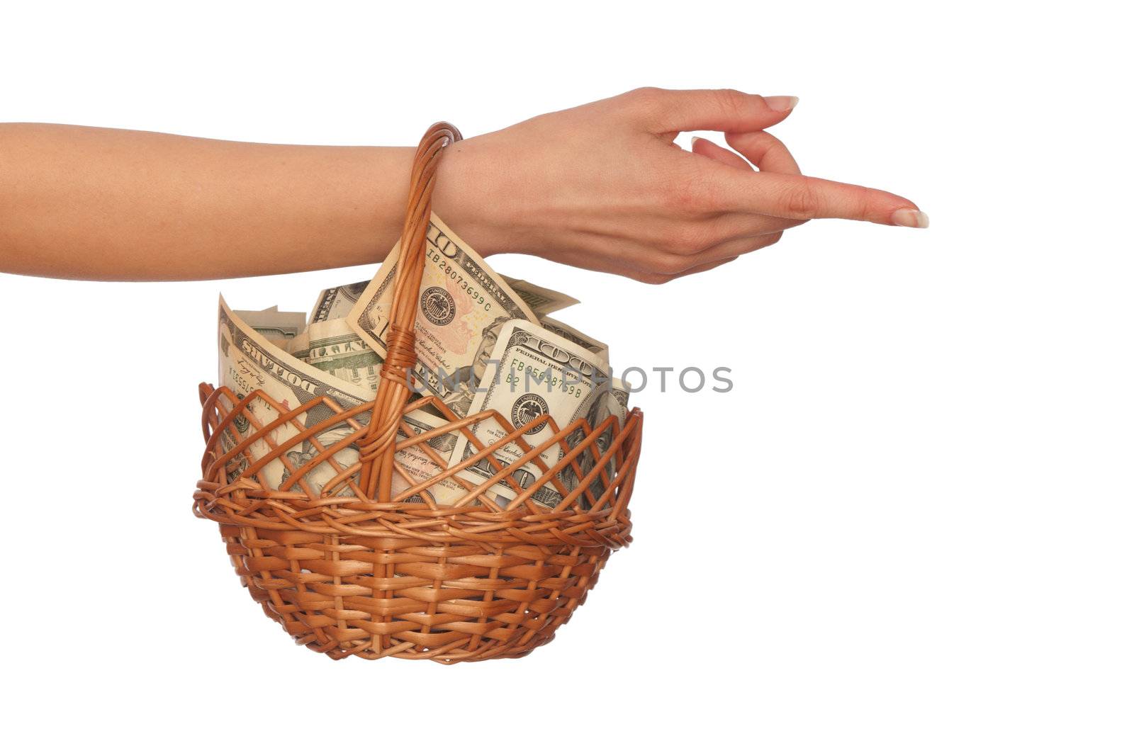 woman holding a basket with money for buying some goods