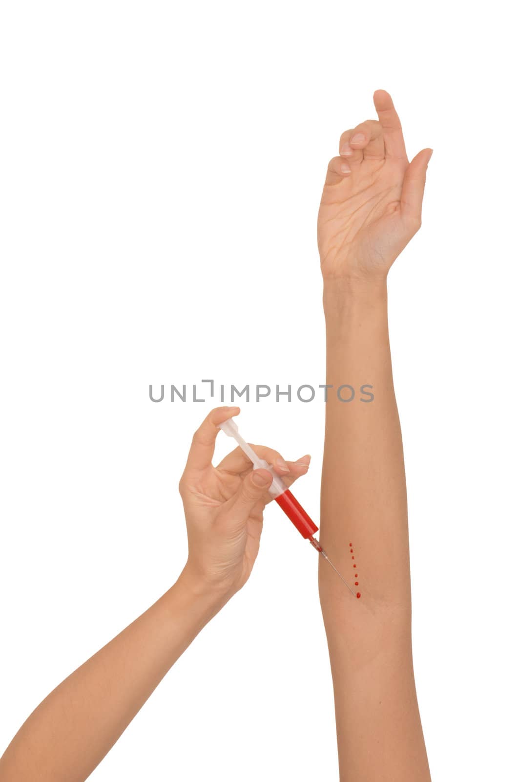 Woman use syringe with a new synthetic hard drugs mixed with blood for escape from reality