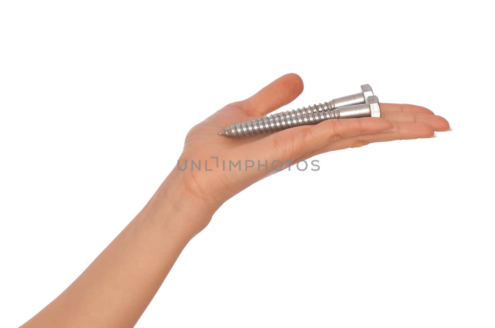 woman holding two big bolts in the hand