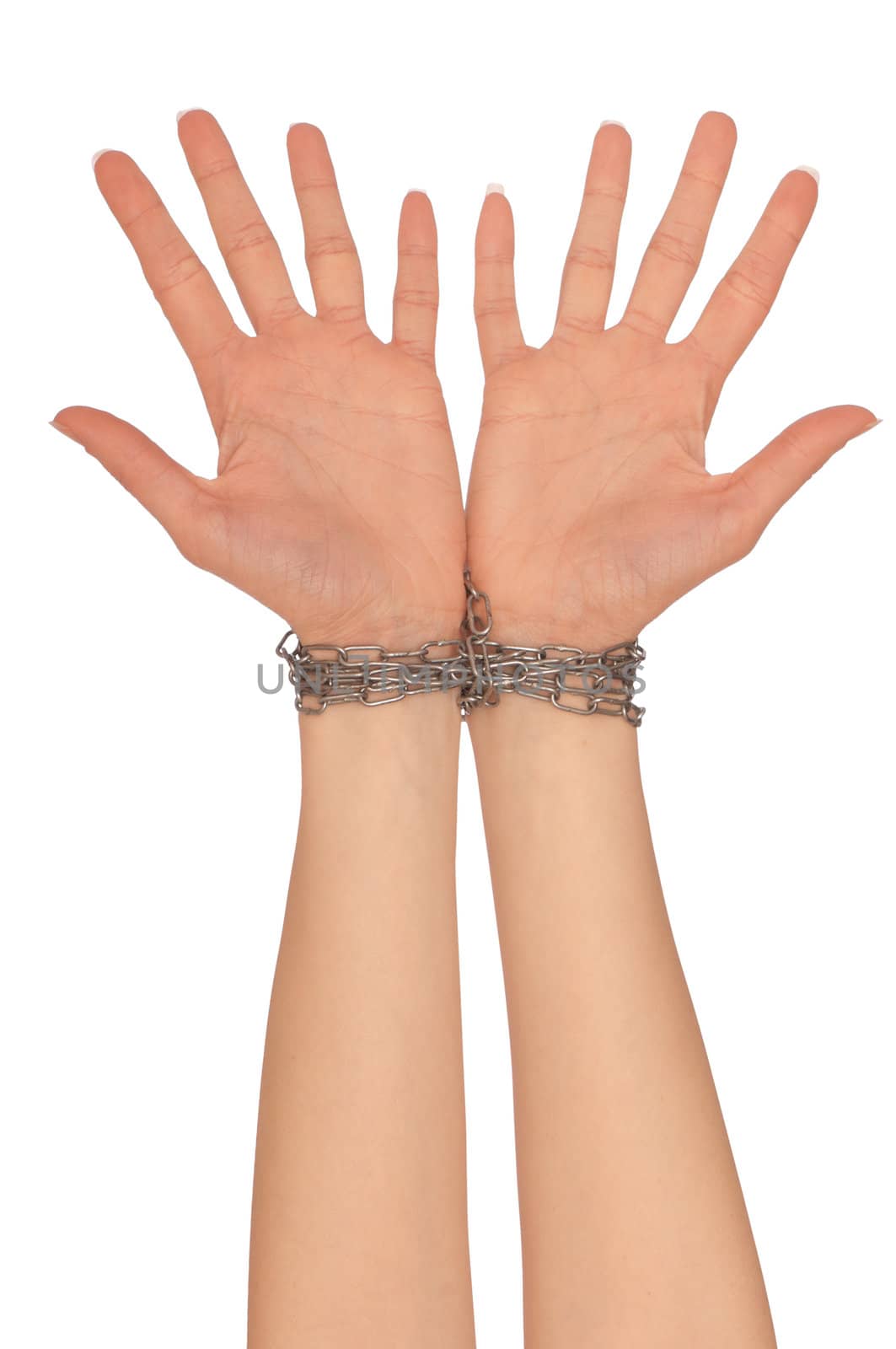Woman bounded metal chains as a symbol of punishment