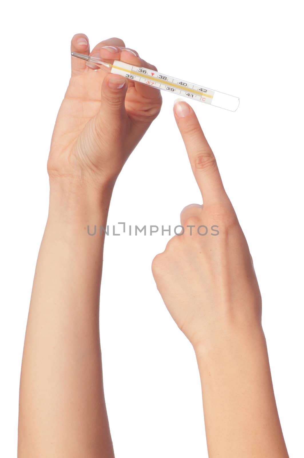 woman showing temperature on the Celsius thermometer
