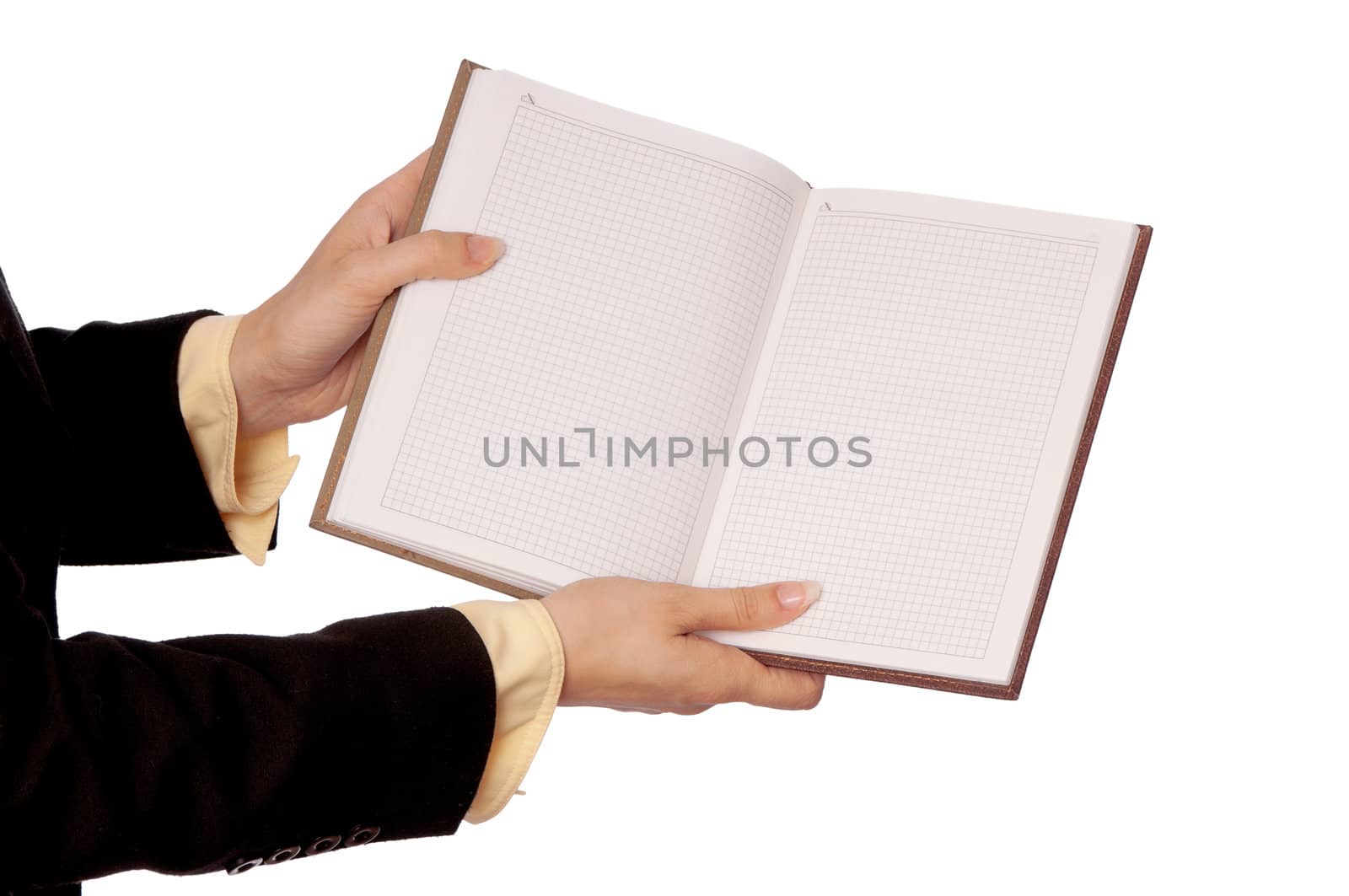 The woman in a business suit, shows blank pages of business book's for notes