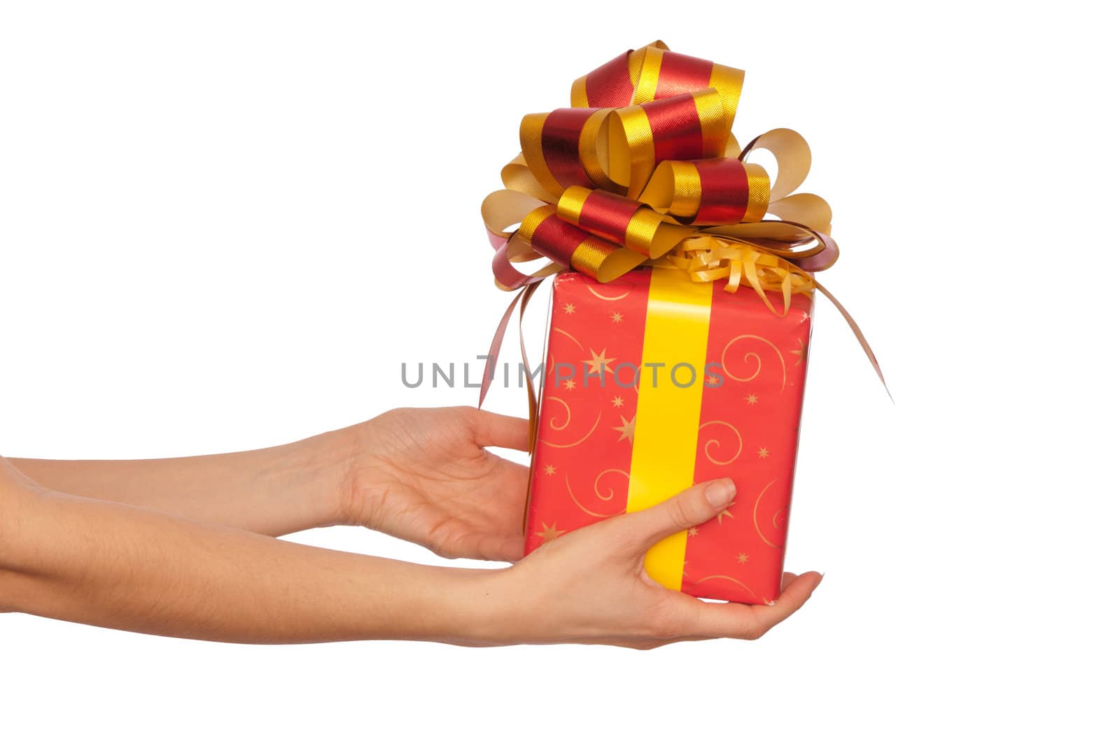 woman giving a red box with yellow bow as a gift