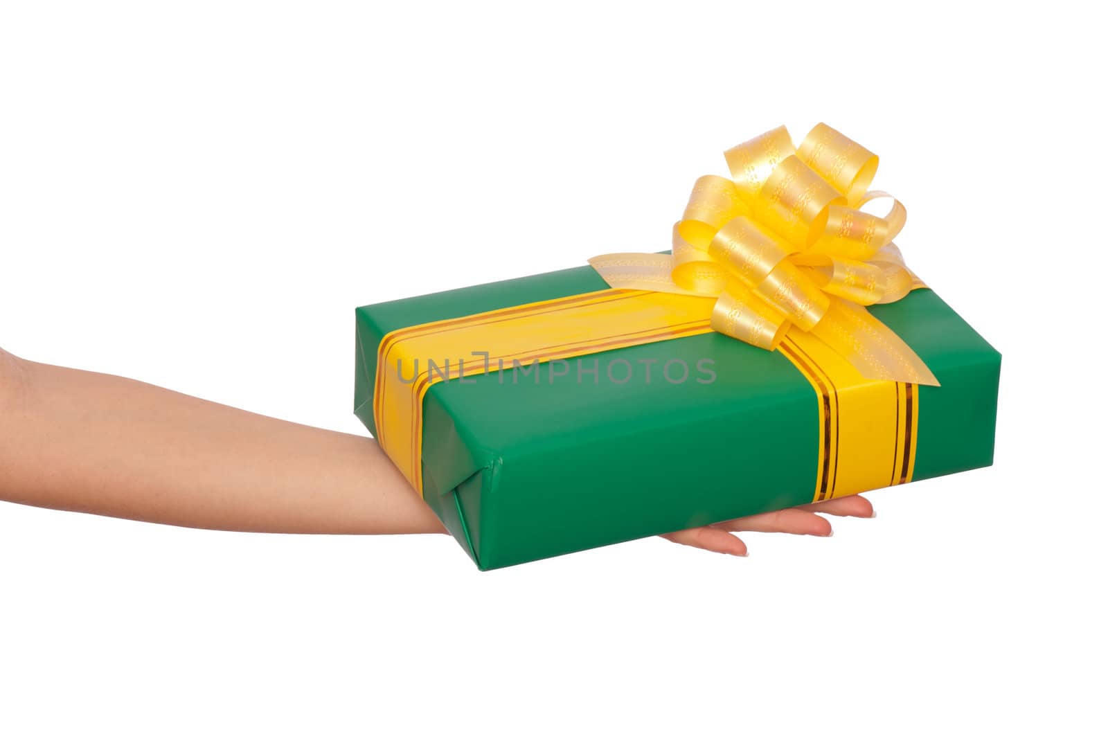 woman giving a green box with yellow ribbon as a gift