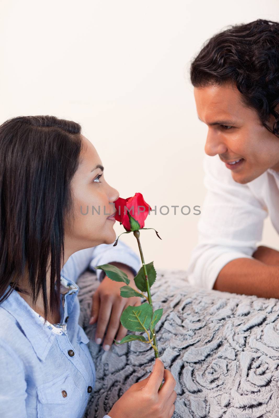 Young woman got a rose from her boyfriend for valentines day