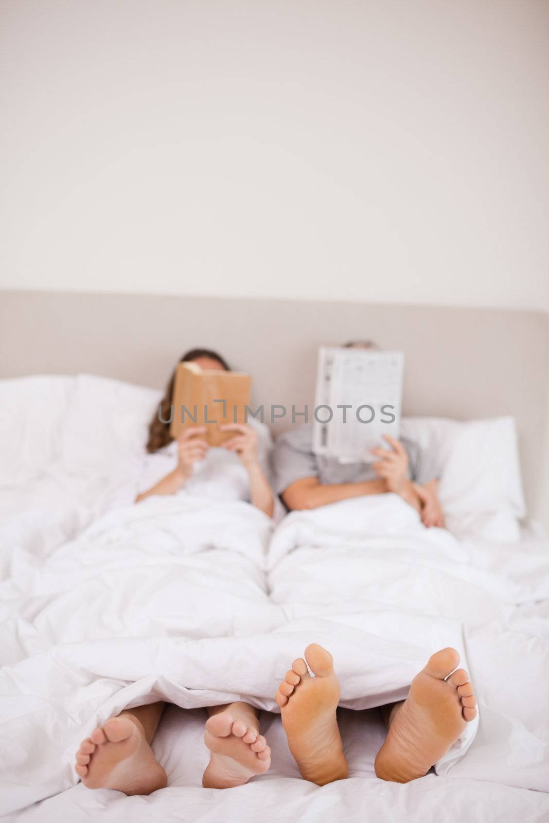 Portrait of woman reading a book while her companion is reading a newspaper in their bedroom