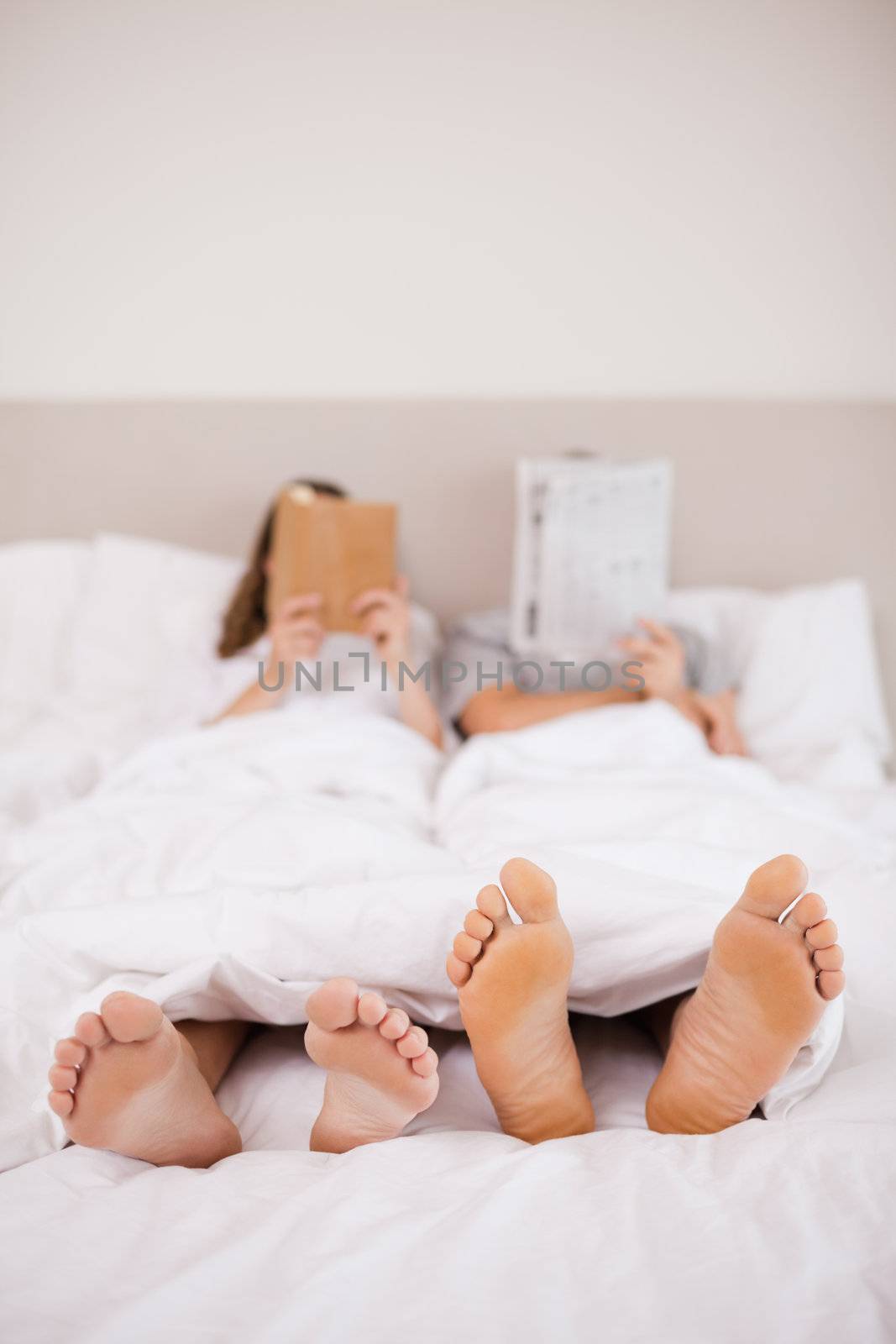 Portrait of woman reading a book while her companion is reading the news in their bedroom