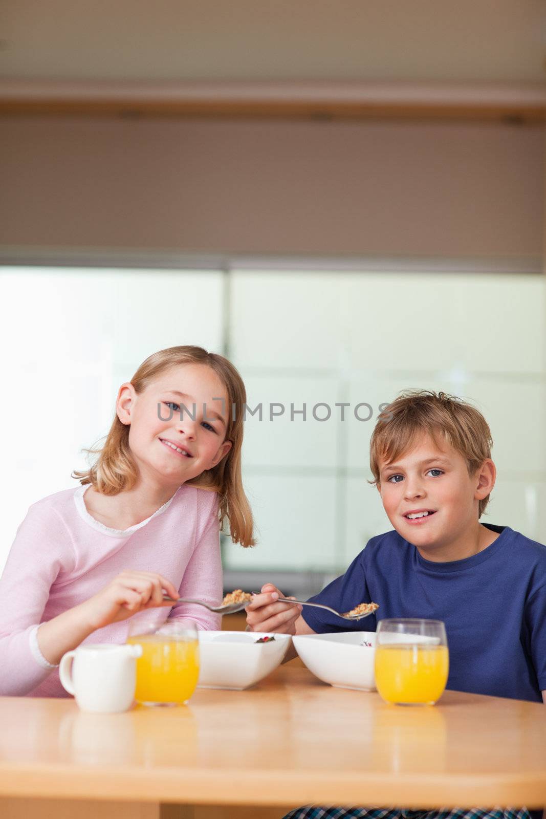 Portrait of young children having breakfast in a kitchen
