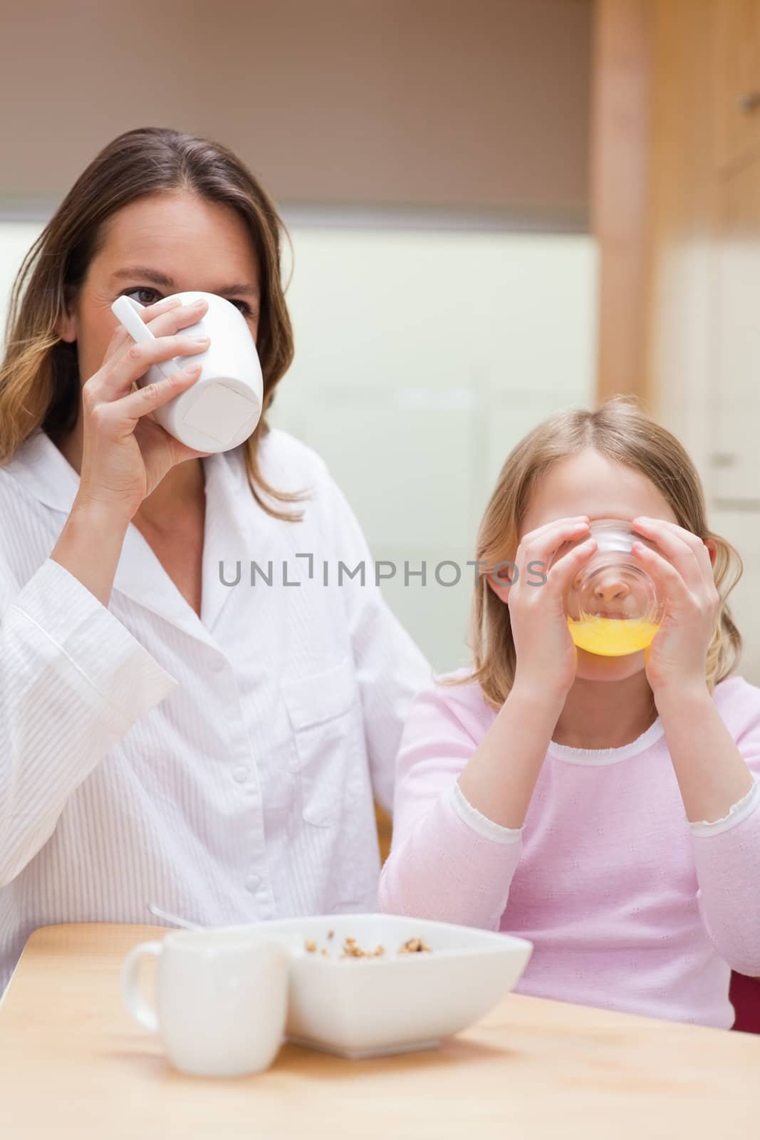Portrait of a charming mother and her daughter having breakfast in a kitchen
