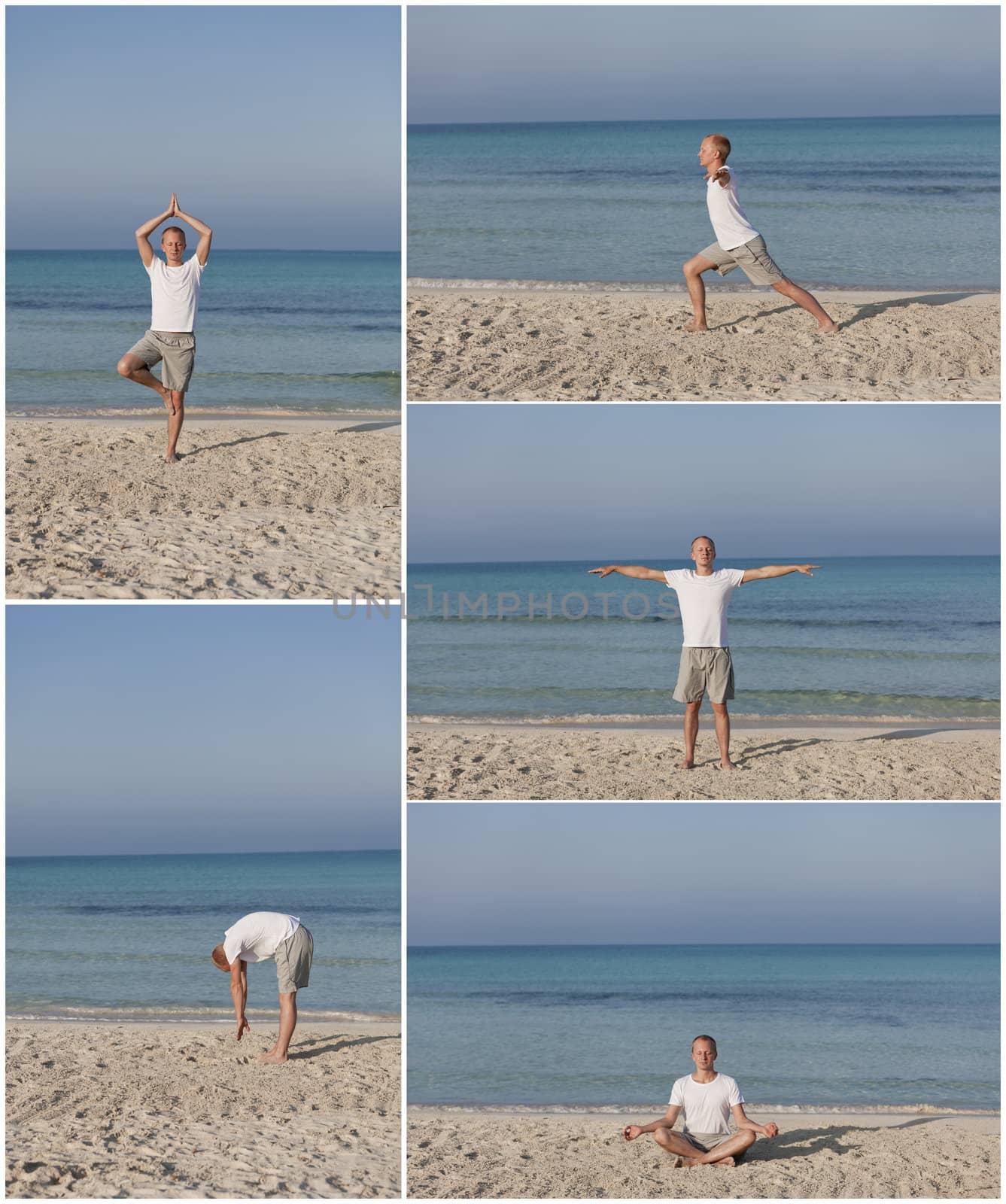 Young athletic man doing sport yoga on the beach in the sand on the beach in the sun
