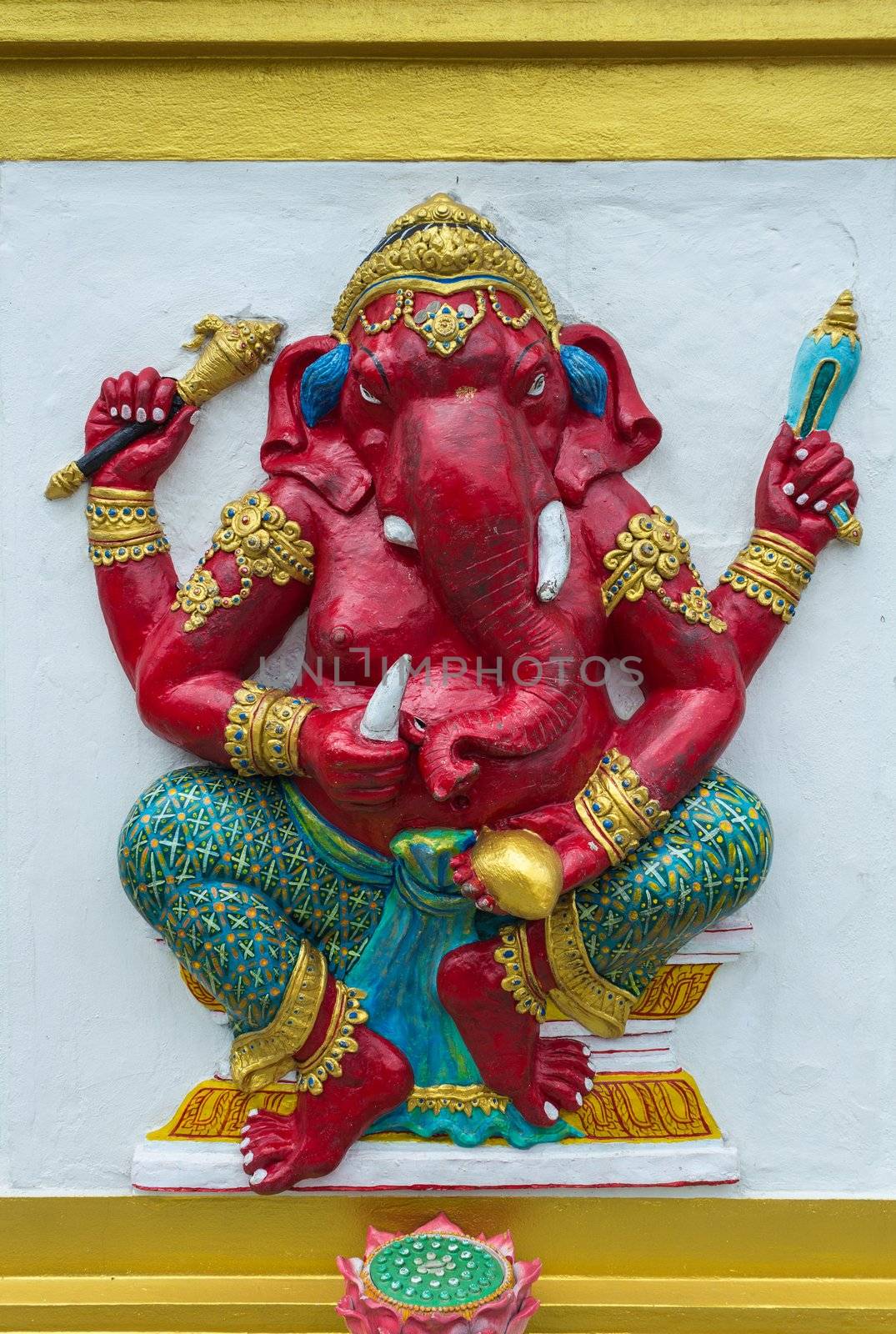 Ganesha is considered to be the Lord of letters and learning. Generality in Thailand, any kind of temple, art decorated in Buddhist church, temple etc. created with money donated by people to hire artist. They are public domain, no restrict in copy or use.This photo is taken under these conditions.