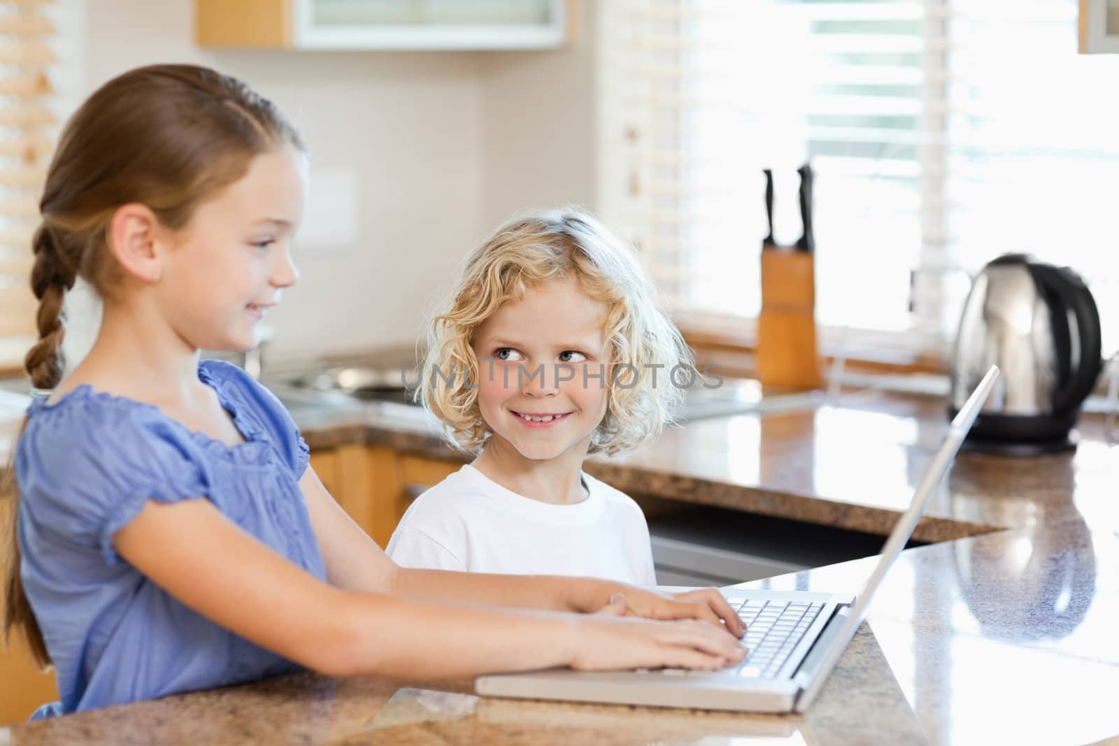 Siblings together on the notebook in the kitchen