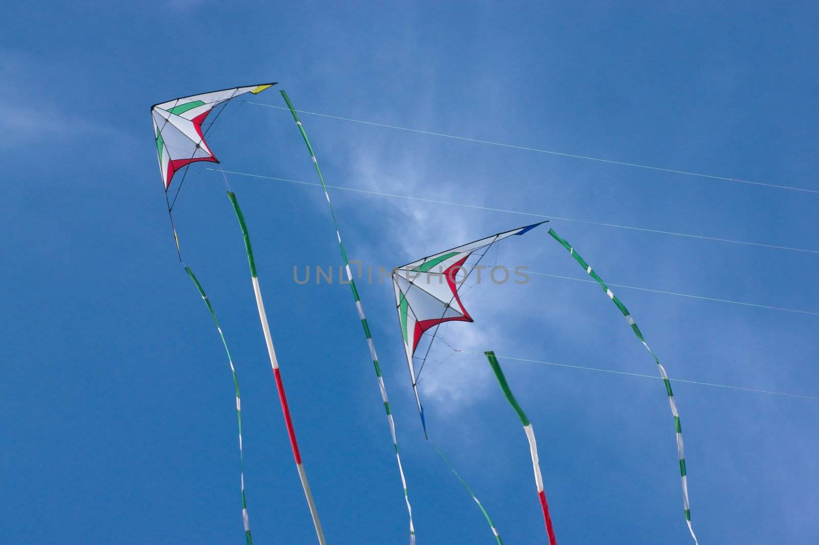 Two kites flying in the blue sky