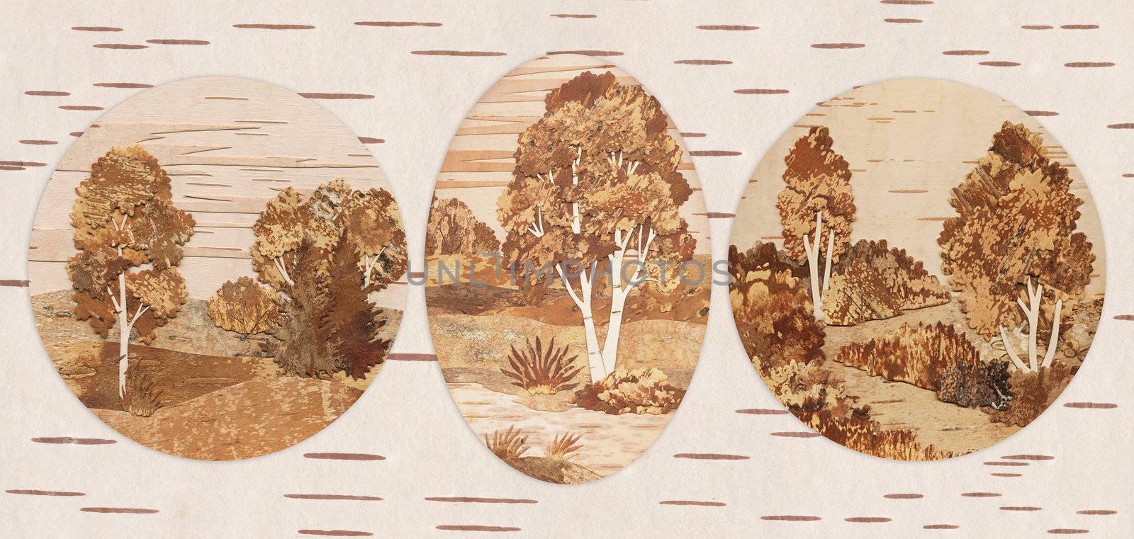 Set Russian Siberian natural landscapes. Handmade, application from slices of an underside of a birch bark
