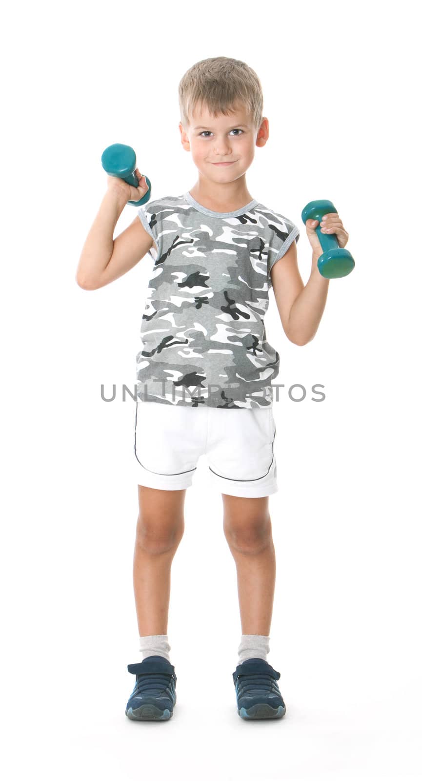 Boy holding dumbbells isolated on white background