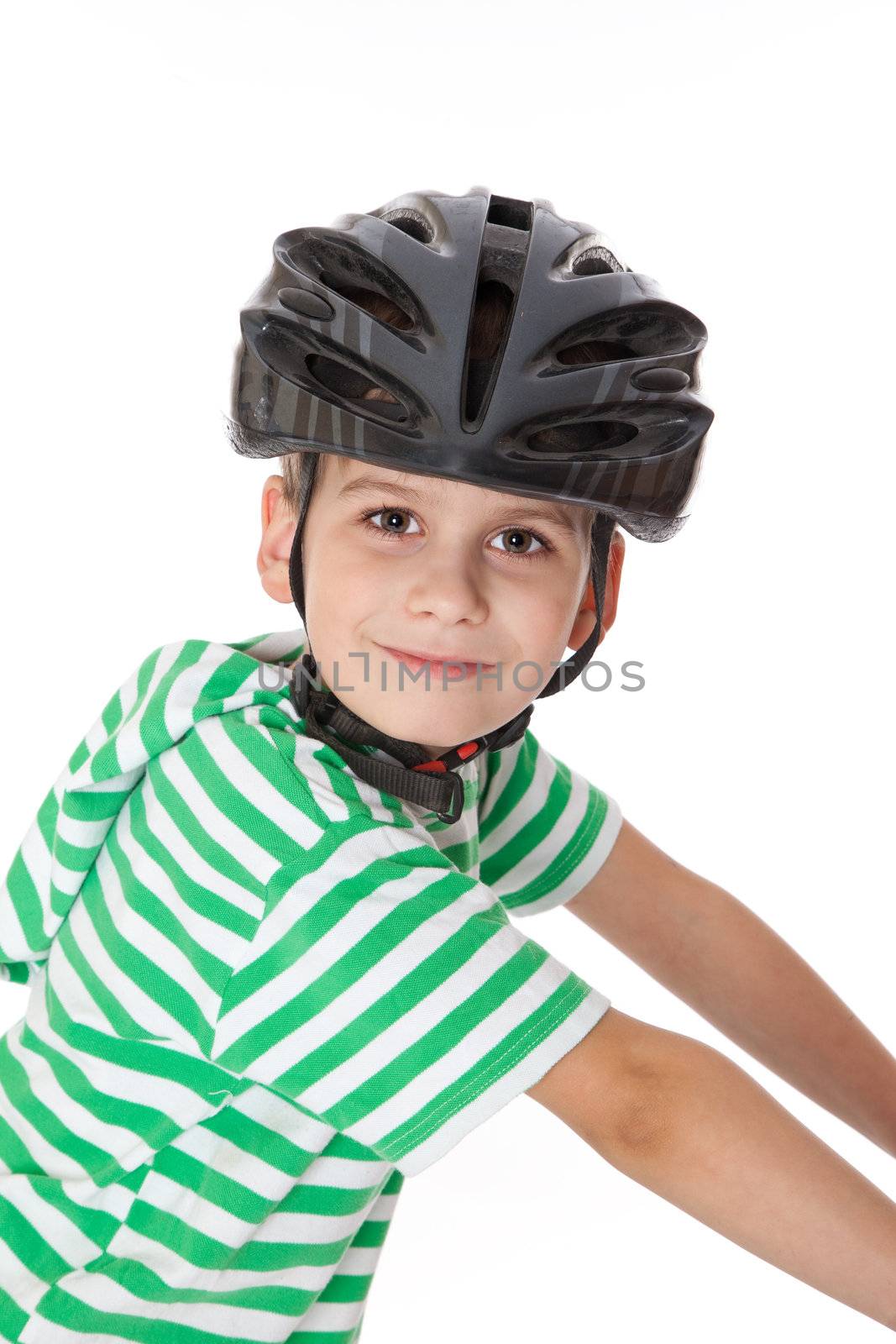 Boy bicyclist with helmet isolated on white