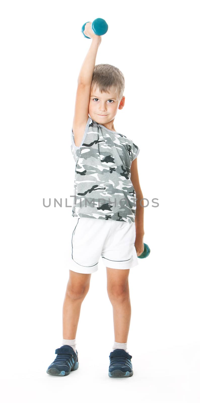 Boy holding dumbbells isolated on white background