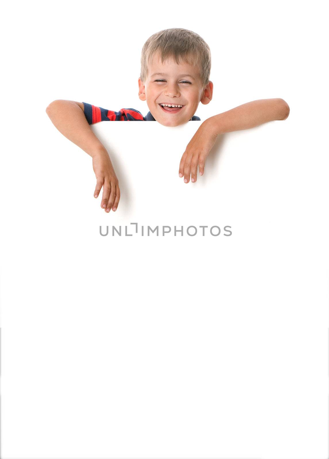 Boy holding a banner isolated on white background