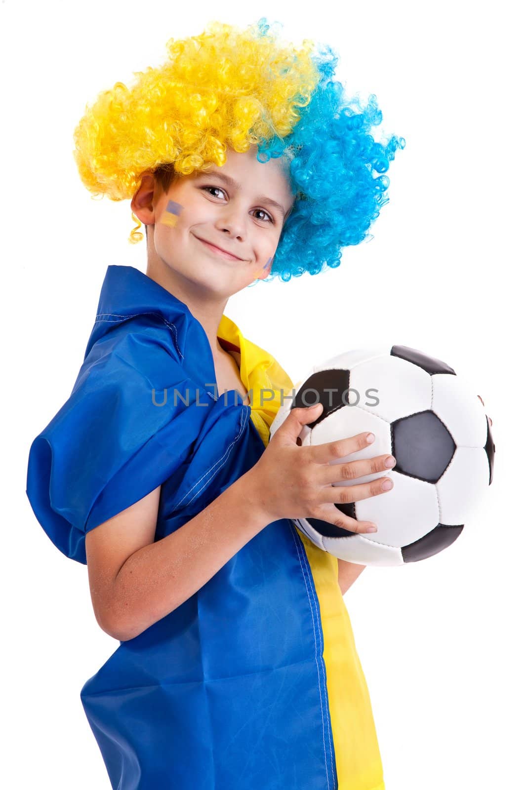 Football fan with a blue and yellow ukrainian flag painted on his face on white background
