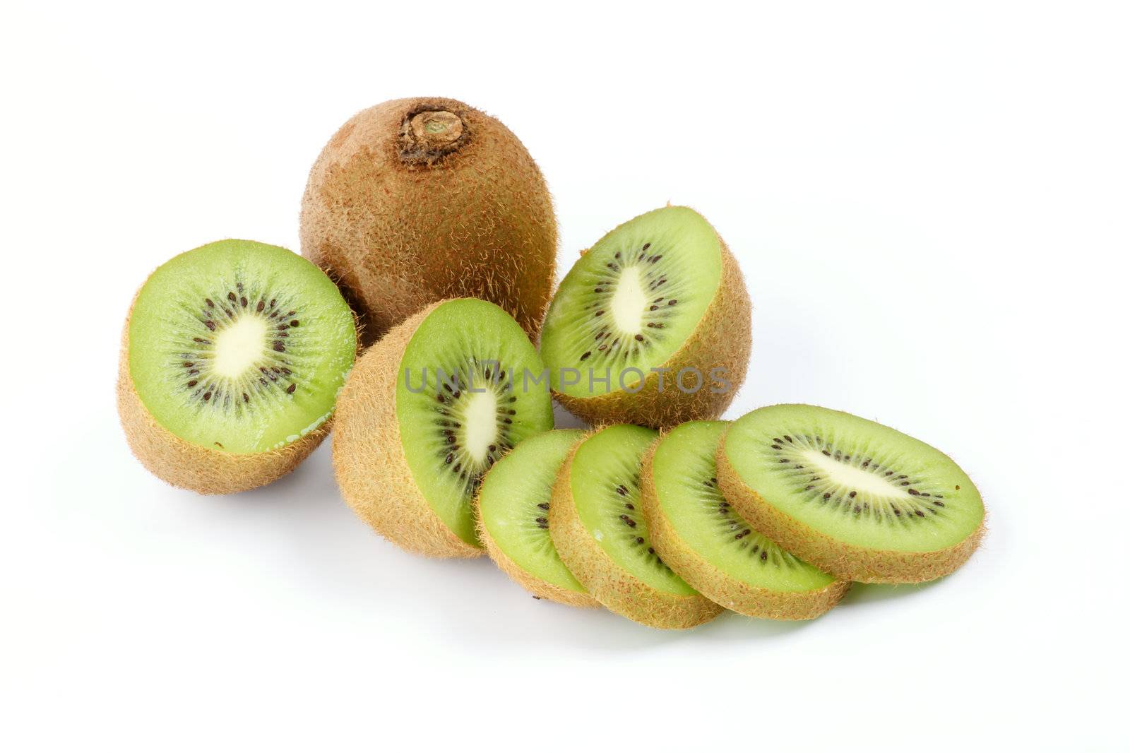 Perfect Ripe Kiwi Full Body and Slices isolated on white background