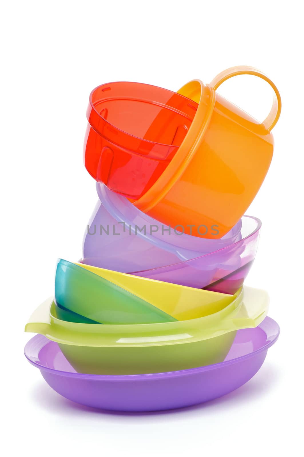 Stack of Color Plastic Bowls isolated on white background