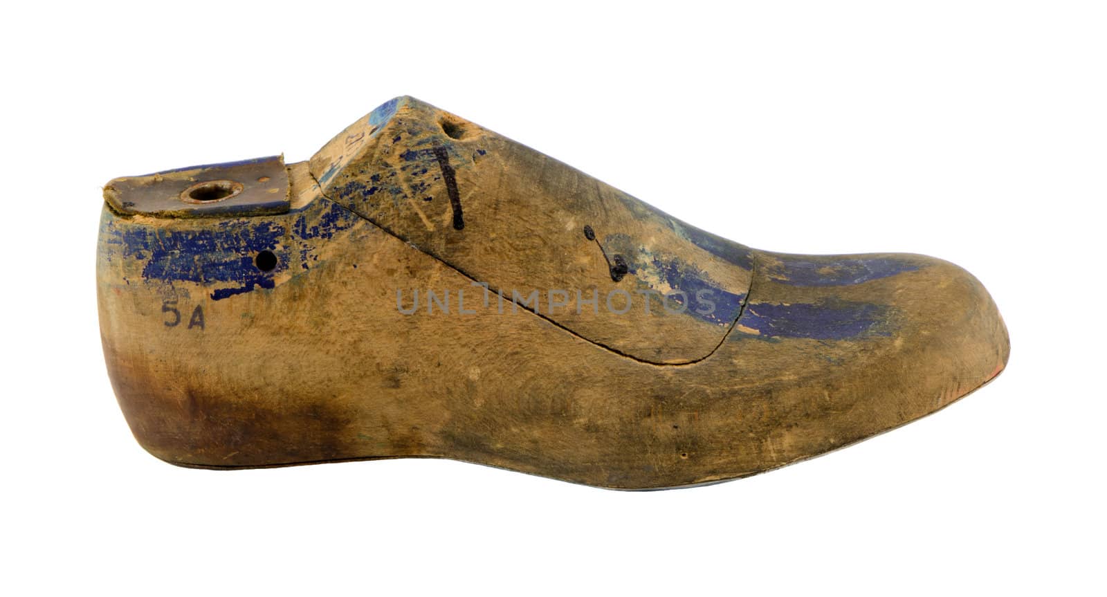 Retro wooden shoe produce make mold mould form shape used by cobblers isolated on white.