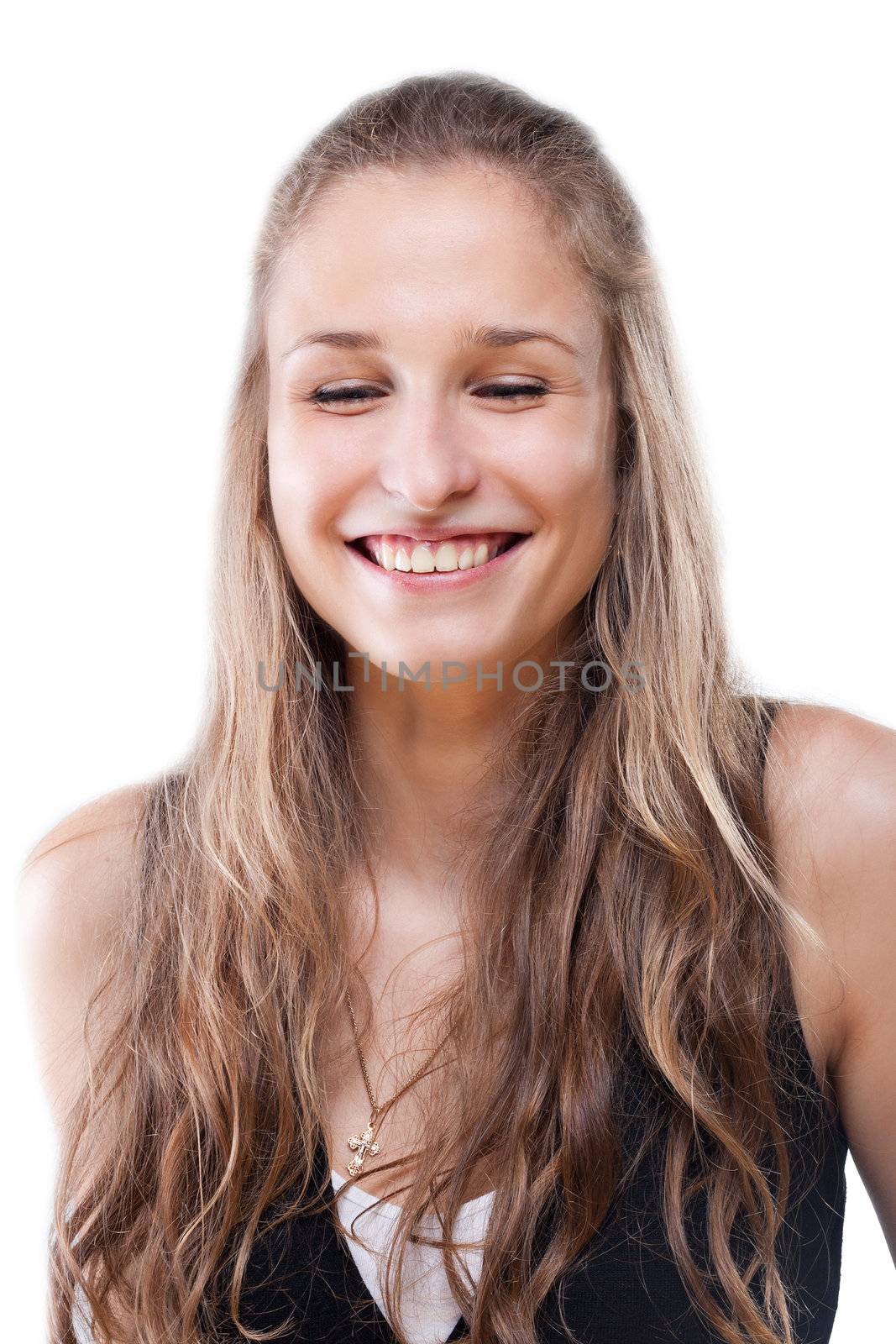 Portrait of a girl her eyes closed with pleasure on a white background