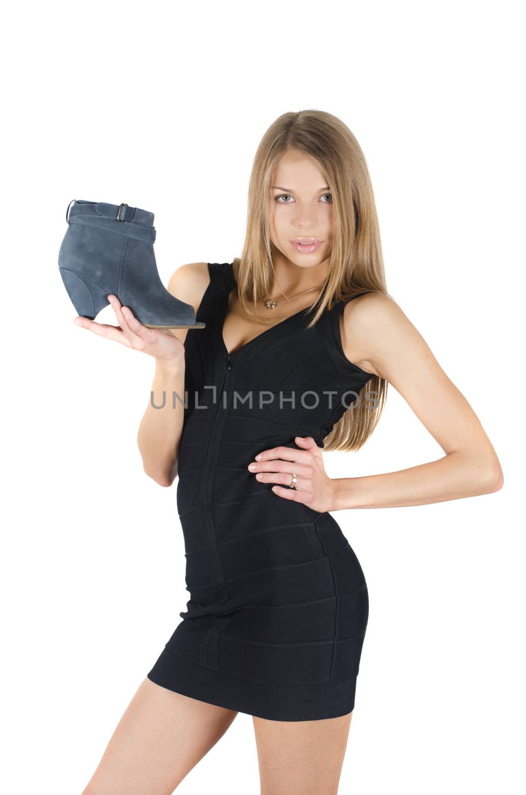 beautiful young woman with a shoe on white