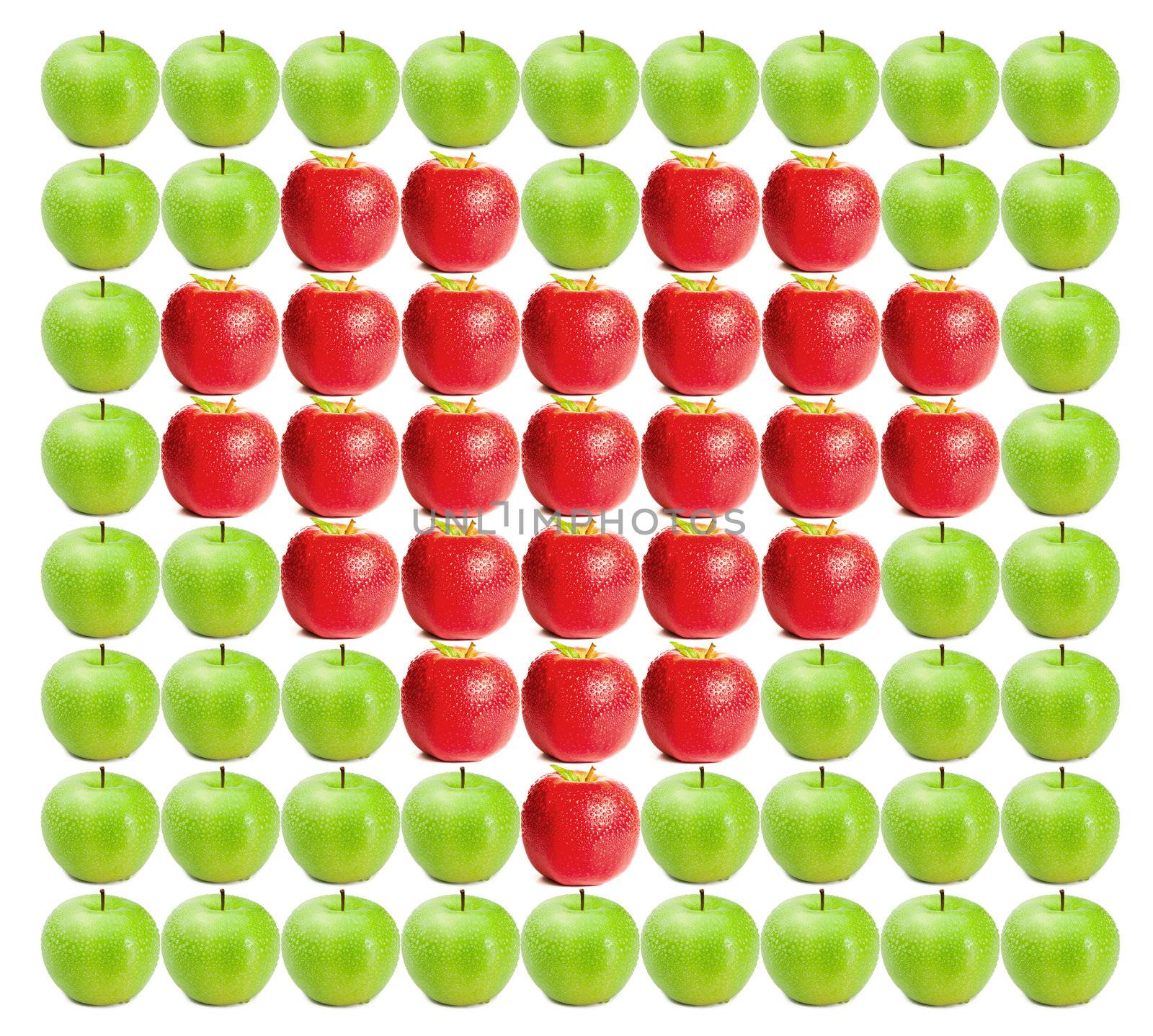 Green wet apples with red apples in between on a white background