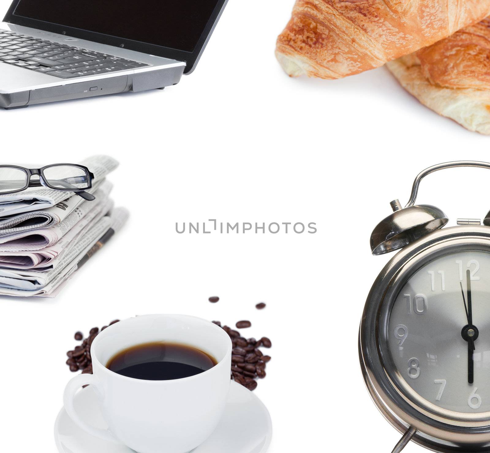 Breakfast at the office on white background