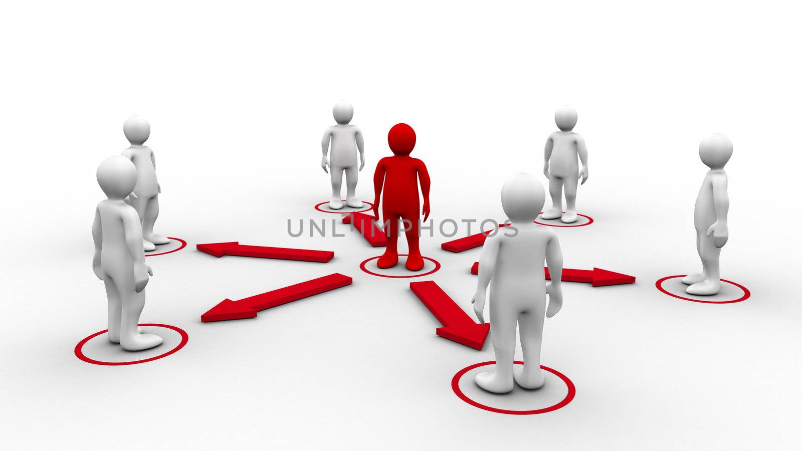 Red 3d-men requesting connection with surrounding white 3d-men on white background