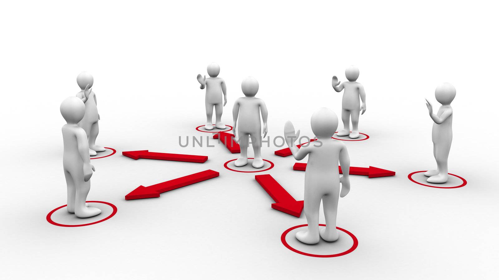 White 3d-man requesting connection with surrounding 3d-men greeting him on white background