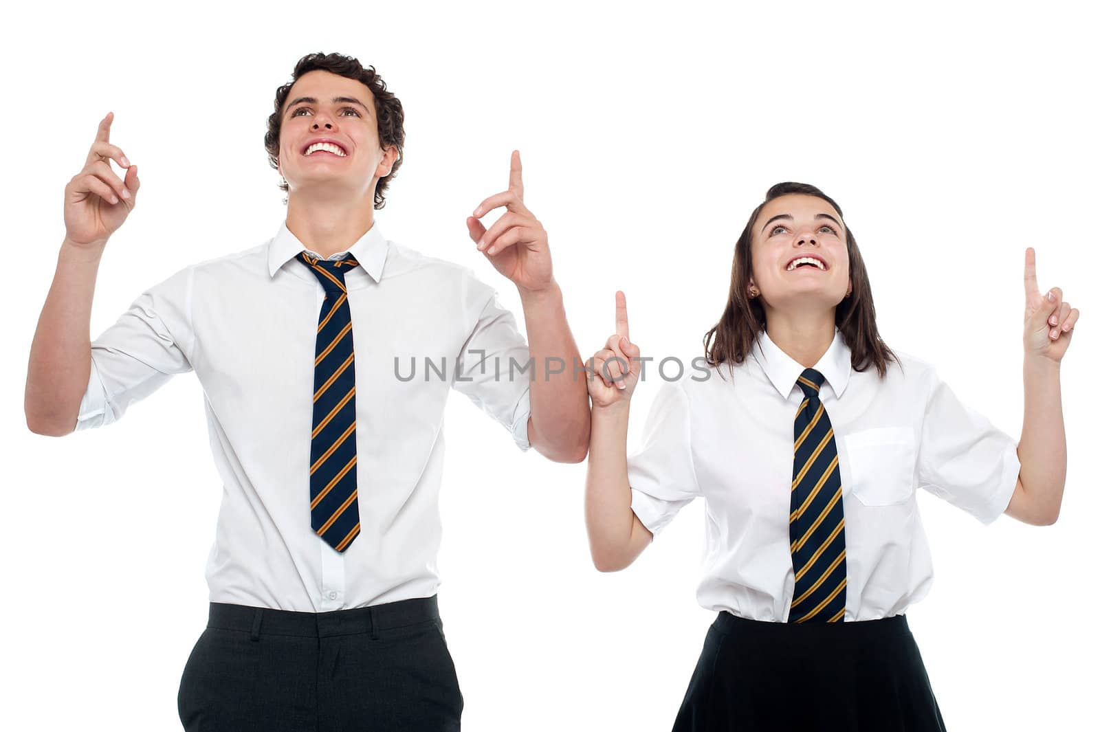 Schoolmates looking and pointing upwards. All on white background